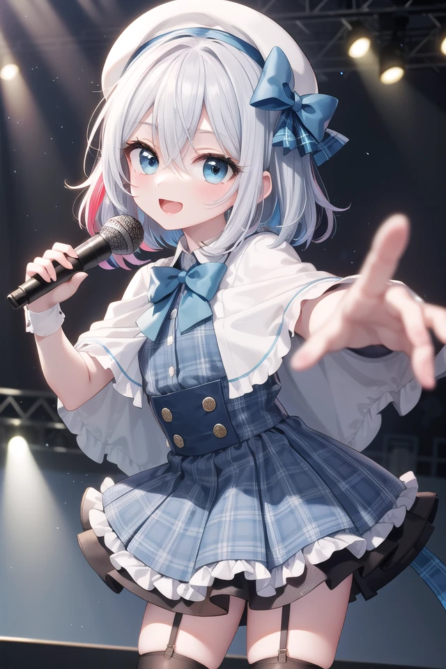 insanely detailed, absurdres, ultra-highres, ultra-detailed, best quality,
1girl, solo, nice hands, perfect hands
BREAK
(nsfw:-1.5),
(gothic drress, Idol costume:1.3), (blue and white theme:1.2), (white blouse:1.4), (white collar, tie:1.3), (open short-cape:1.3), (short sleeve:1.2), (blue tartan-check pattern (ruffle-skirt, multilayer-skirt):1.4), (white basque-beret with ribbon:1.3), (Fishnet stockings:1.3), (glove:1.2), (cleavage:-1.5)
BREAK
happy smile, laugh, open mouth, (standing, singing, dancing, holding microphone:1.4)
BREAK
,
seductive pose, cowboy shot
BREAK
slender, kawaii, perfect symmetrical face, ultra cute girl, ultra cute face, ultra detailed eyes, ultra detailed hair, ultra cute, ultra beautiful
BREAK
indoors, concert hall, idol live, crowded audience
BREAK
medium breasts
BREAK
(random color hair, multicolored hair:1.2), rainbow color eyes, messy hair, hair between eyes