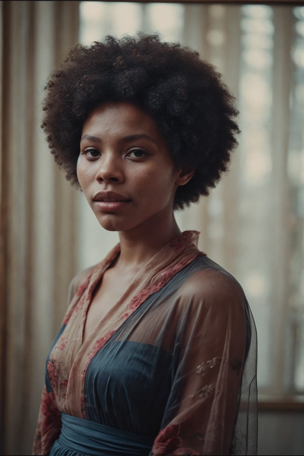 analog film photo <lora:[US]_-_Gloria_Hendry:1> mt-gloriahendry, african american girl, (short afro hair), solo, (looking at viewer), realistic lighting, (detailed skin), (detailed face), smiling, (wearing The Sheer Kimono: Adorning herself in a sheer kimono, emanating an air of elegance and mystique), (simple background:1.5), 
BREAK
masterpiece, best quality, ultra-detailed, ultra high res, (photorealistic:1.4), raw photo, (realistic:0.2), 8k HDR, 1girl, bokeh, f1.4, 40mm, photorealistic, raw, 8k, textured skin, skin pores, intricate details, 