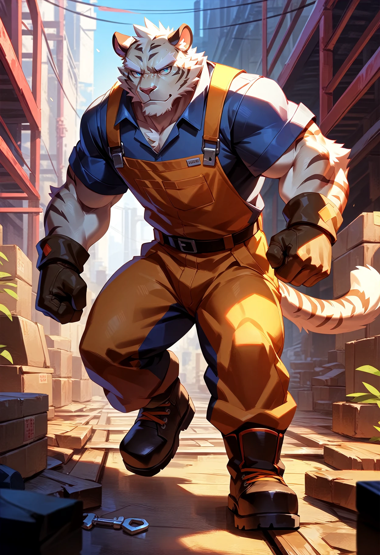 felid, tiger, by lindong,
anthro, solo, male, muscular,
(white eyebrows, white fur, white body:1.5),
clothed, topwaer, bottomwear, footwear, handwear, (gloves), boots,
worker, (factory uniforms, work wear style), detailed background,
anime artwork, anime style, key visual,
vibrant, studio anime, highly detailed