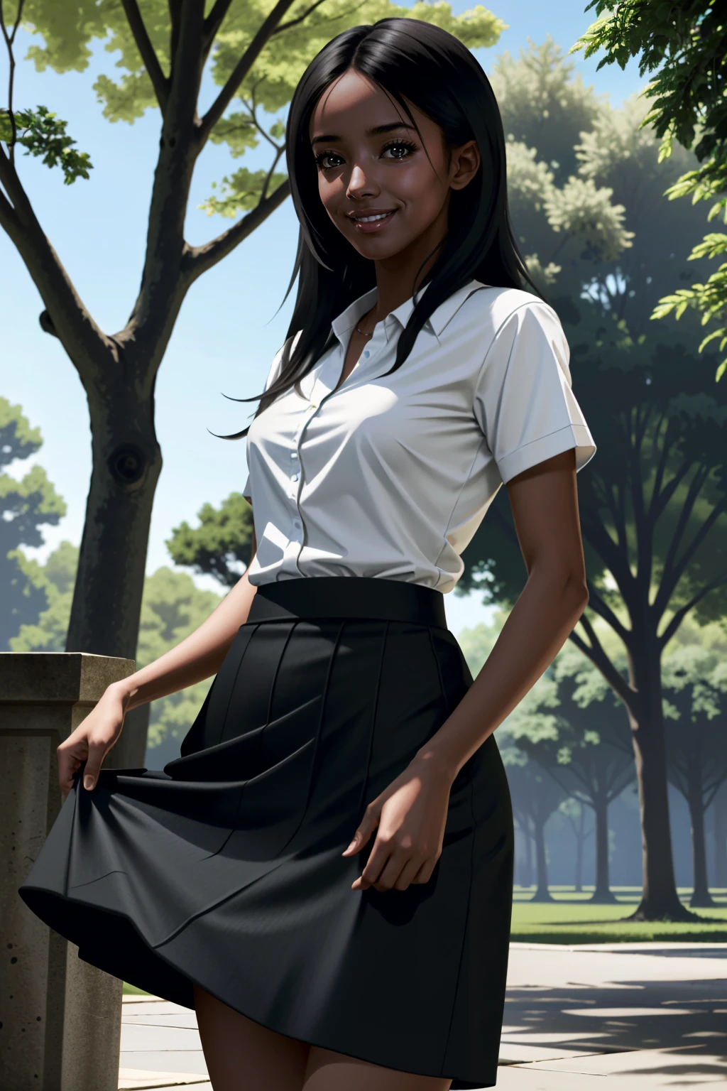 ((ultra detailed, masterpiece, absurdres))
 <lora:MEBrooks:0.8>
MEBrooks, 1girl, dark skin, black hair, long hair, looking at viewer, smiling, blush, skirt lift, from_below, outside, trees, blue sky