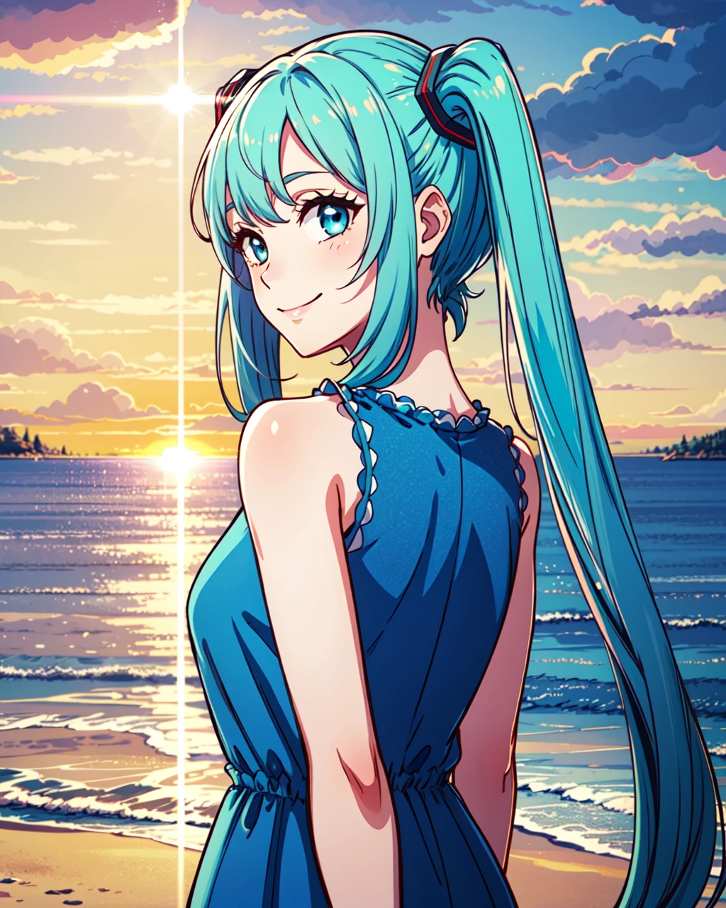 masterpiece, high quality, 1girl, blmasha, medium shot, detailed, upper body, blue eyes, blue hair, twintails, sleeveless blue dress, outdoors, beach, evening, sunglare, dynamic pose, side view, hands behind back, looking at viewer, light smile, <lora:blmasha-04:0.7>,  <lora:add_detail:0.5>