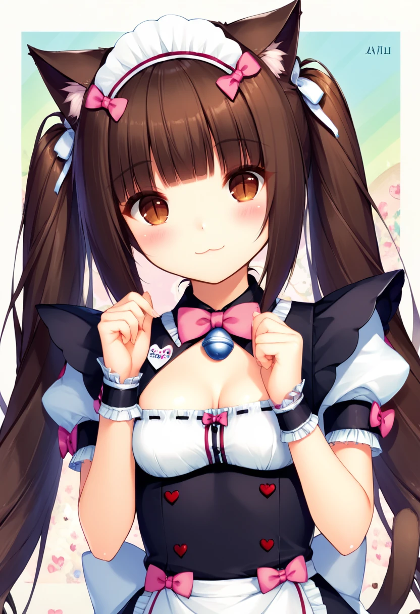 PonyXLV6_Scores ,source_anime, original anime style, masterpiece,best quality, highly detailed,<lora:xl_more_art-full_v1:0.8>,cinematic,volumetric light,
BREAK
<lora:chocola:0.8>chocola, 1girl, solo, long hair, breasts, looking at viewer, blush, smile, bangs, brown hair, bow, ribbon, animal ears, twintails, brown eyes, very long hair, tail, upper body, short sleeves, small breasts, puffy sleeves, artist name, cat ears, blunt bangs, bowtie, character name, puffy short sleeves, cat tail, wrist cuffs, maid, maid headdress, clothing cutout, bell, :3, cleavage cutout, cat girl, slit pupils, jingle bell, name tag, ribbon-trimmed clothes