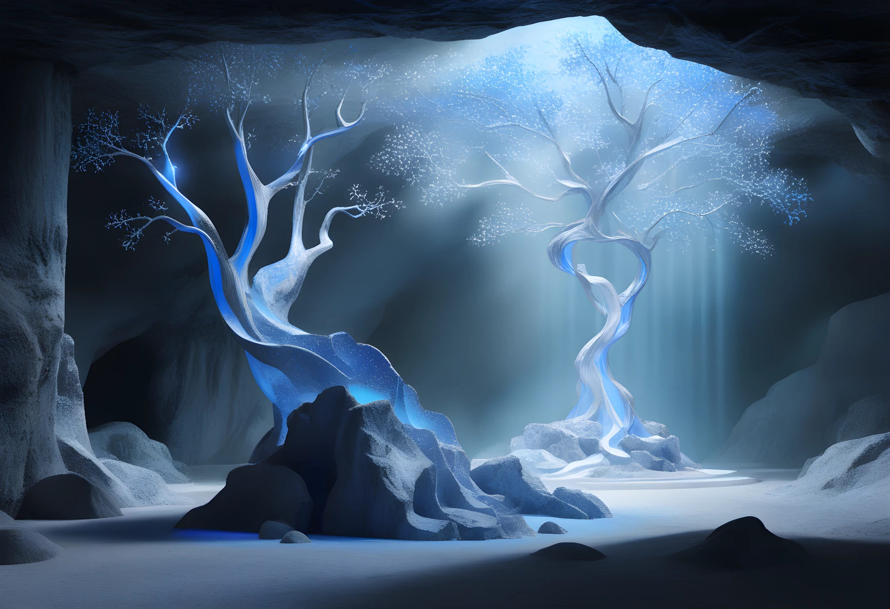 masterpiece, best quality, detailed, A tree with a crown of branches and leaves stands tall in the center of a digital illustration, surrounded by a dark blue background with a rocky cliff face and a starry sky.  Question: What is the purpose of the tree in the illustration?  Answer: The tree in the illustration serves as a focal point and a symbol of power or authority, with its crown of branches and leaves representing a sense of majesty and importance. Question: How does the tree's position in the center of the image contribute to the overall composition?  Answer: The tree's position in the center of the image creates a sense of balance and harmony, drawing the viewer's attention to it while also providing a sense of depth and perspective. This central placement allows the tree to stand out against the dark blue background, making it the most prominent element in the illustration. Additionally, the tree's crown of branches and leaves adds a sense of scale and grandeur to the scene, further enhancing the overall composition. Question: What effect does the dark blue background have on the illustration?  Answer: The dark blue background in the illustration serves to emphasize the tree and its surroundings, creating a visually striking contrast that highlights the tree's prominence. The dark color also