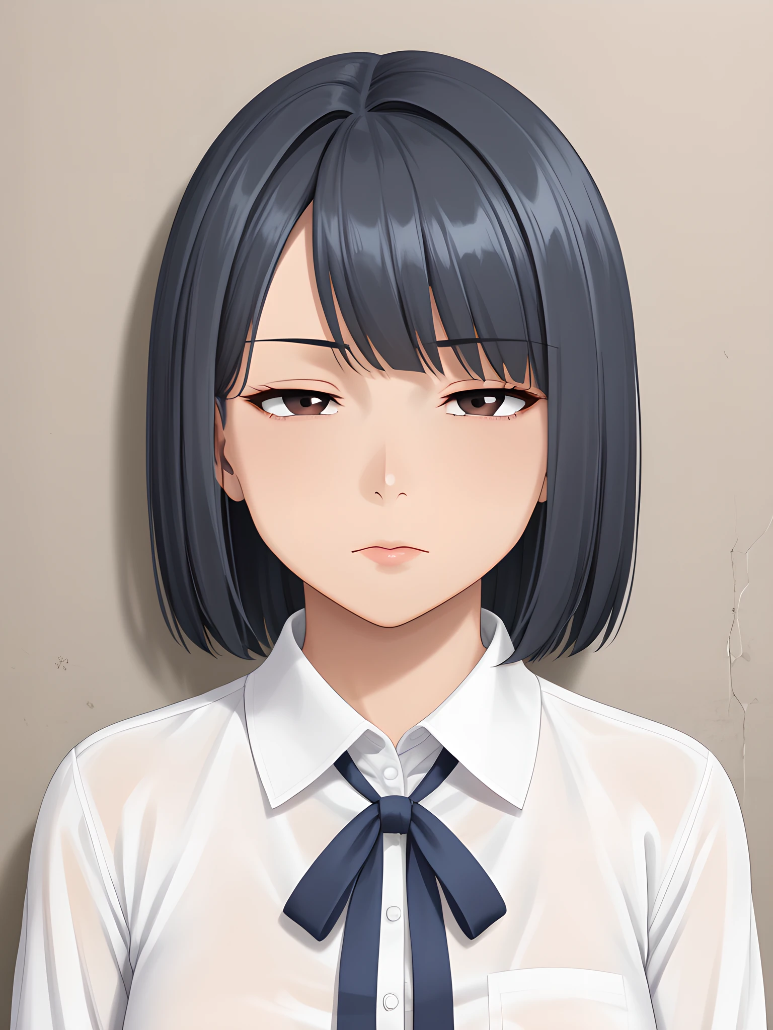 beautiful girl,japanese girl,solo,masterpiece,clearness,looking at viewer,high detail,high quality,ID photo style,no makeup,illustration,anime,flat color,
<lora:jitome:1>jitome,hosome,eye expression,half closed eyes,squinted eyes,narrowed eyes,narrow gaze,
Standing upright,
front view,from front,extra close up view,super close up,ultra zoom in,no headroom,tight crop, no empty space,face only shot, detailed face,head shot,detail shot,fill the screen,
Composition that fills the screen,studio lighting,reflection in the eye,mouth frown,closed mouth,single eyelid,no eyelid crease,without eyelid crease,
beautiful eyes,dark brown eyes,pupil,iris,beautiful rips,black hair,*********,medium hair,swept bangs,Girlish, cute, attractive,natural makeup,round face,dark eye,
beautiful skin,shiny skin,shiny eyes,glossy skin,healthy skin,
wearing clothes,(collared shirt),(white shirt),thin ribbon tie,dark blue ribbon tie, long sleeves,dressed,
simple background,stand behind a wall,parallel to the wall,parallel to camera,plain concrete wall,