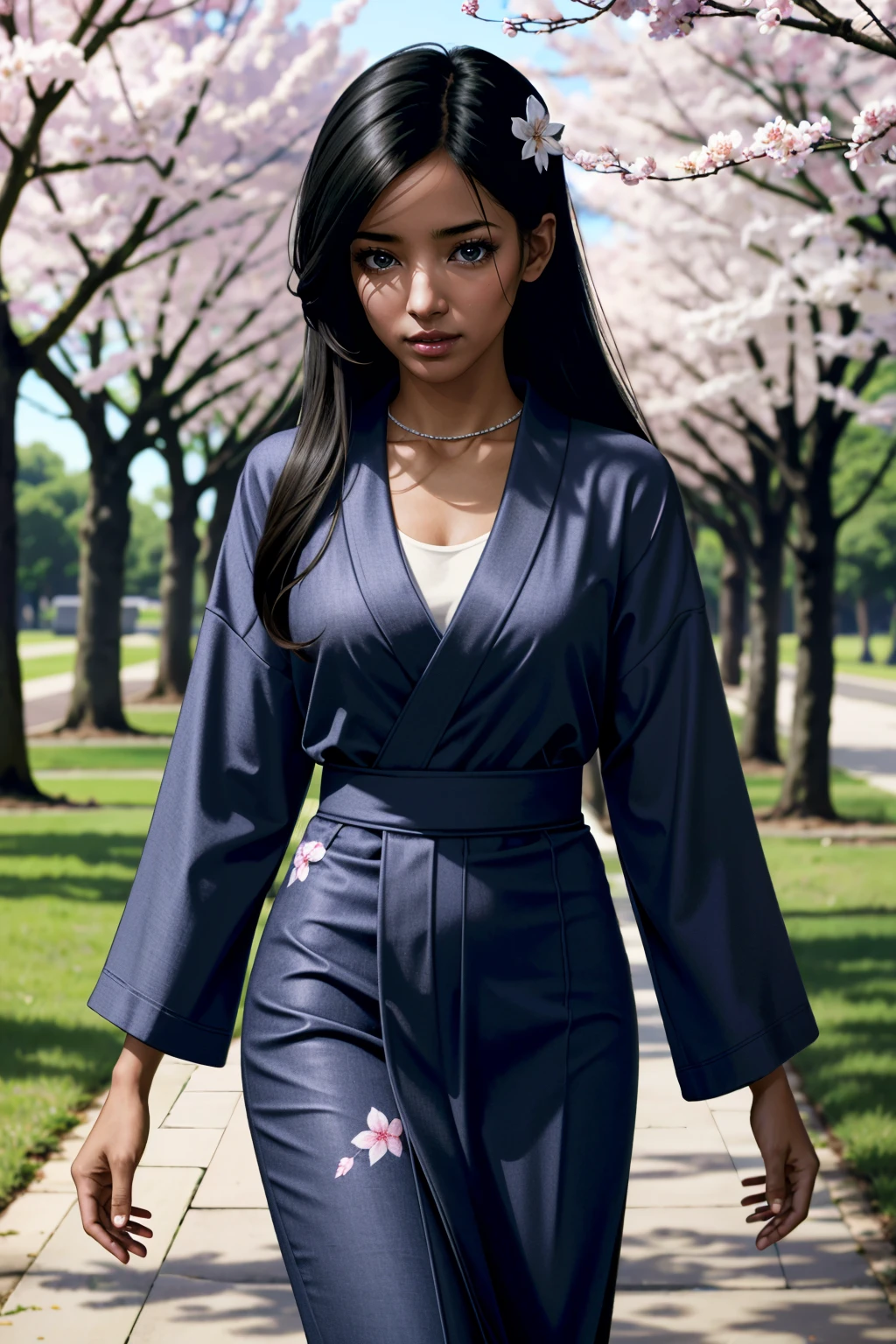 ((ultra detailed, masterpiece, absurdres))
 <lora:MEBrooks:0.8>
MEBrooks, 1girl, dark skin, black hair, long hair, walking in a serene Japanese park with cherry blossoms, yukata, and a hair ornament