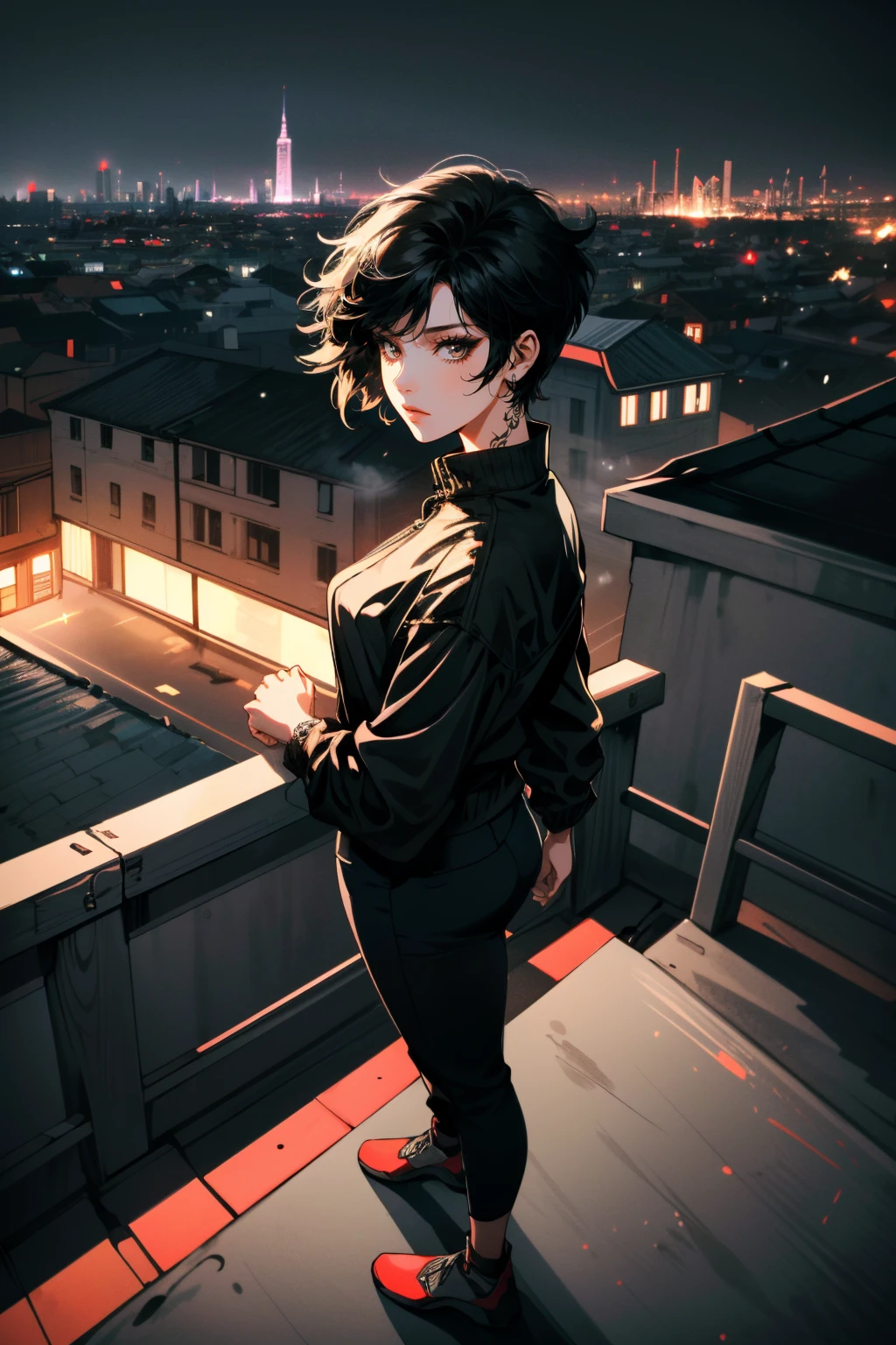 ((ultra detailed, masterpiece, absurdres))
 <lora:MEFaith:0.8>
MEFaith, 1girl, tattoo, short hair, black hair, overlooking the city from a rooftop bar at night, chic outfit, standing