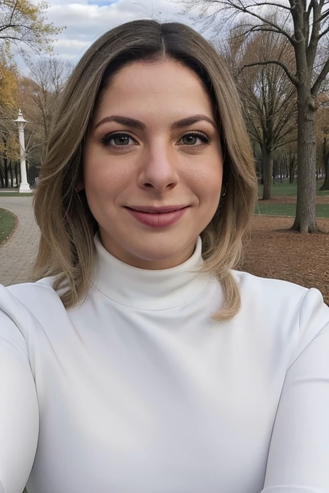 Portrait photo of d4n13l4l1m4 woman, white turtleneck blouse, sharp, high definition, photograph, in a park, smiling