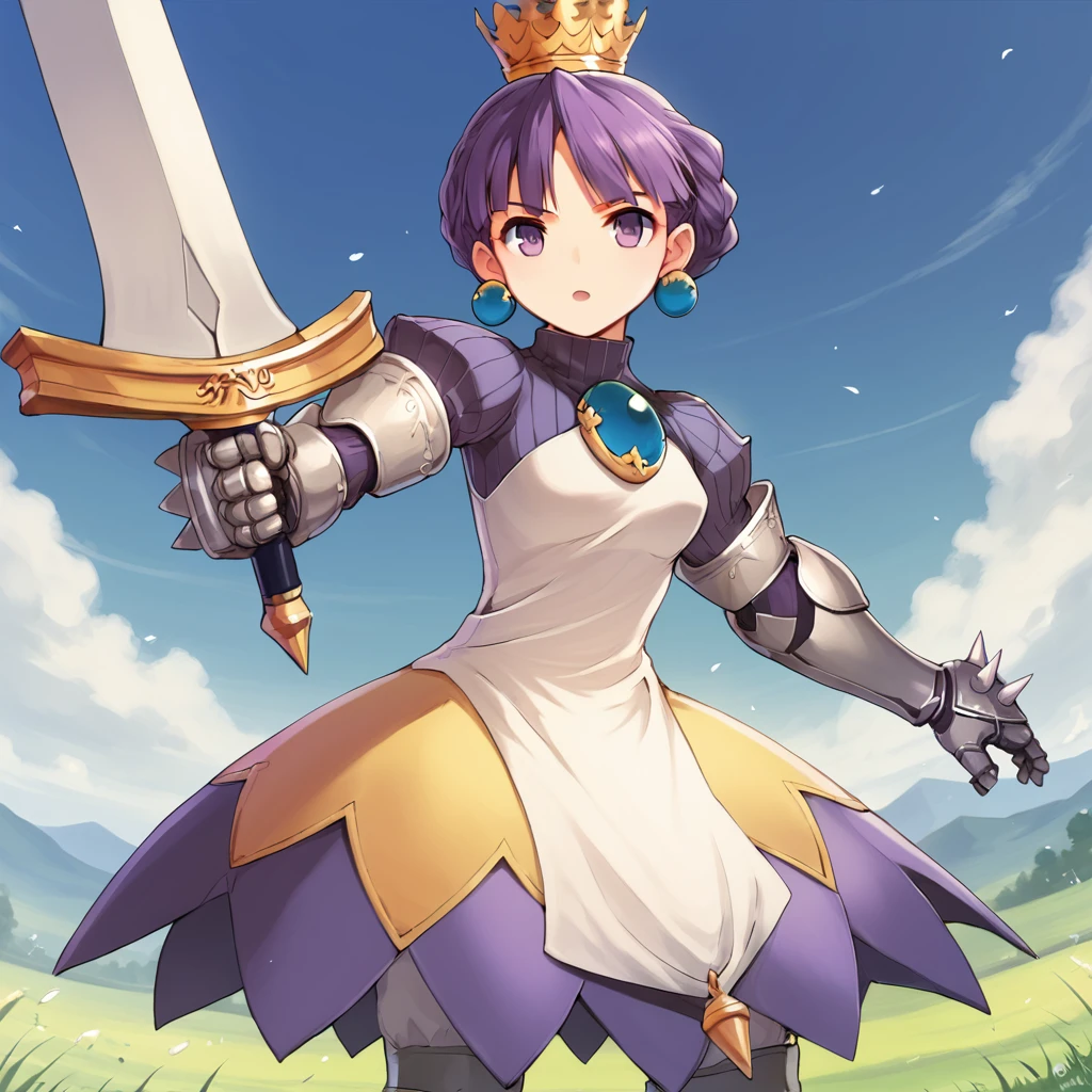 score_9, score_8_up, score_7_up, BREAK source_anime, rating_explicit, best quality, masterpiece, uncensored, 1girl, <lora:gradriel_pony:1> gradriel, purple hair, short hair, crown, dress, armor, jewelry, earrings, gauntlets, armored dress, holding sword, weapon, fighting stance, on field, dynamic pose, cowboy shot