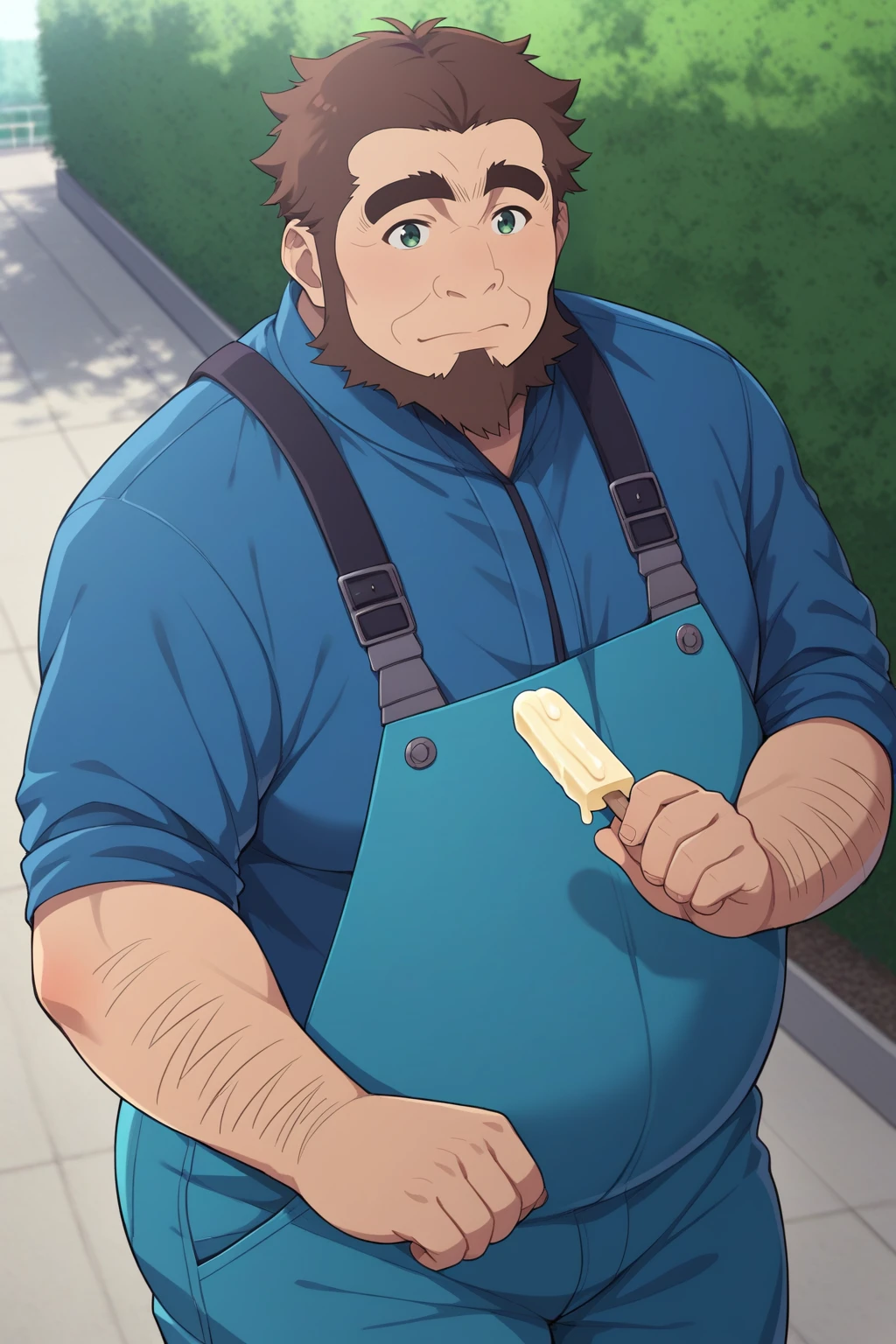 score_9, score_8_up, score_7_up, umiyan, 1boy, solo, (old man, middle-aged, manly, bara, fat man, chubby, muscular:1.2), multiple popsicle, holding, sucking, frown, happy, short hair, brown hair, beard, arm hair, green eyes, thick eyebrows, aqua overalls, blue shirt, outdoors, summer, intricate detail, 8k, best quality, amazing quality, best aesthetic, absurdres, source_anime, <lora:umiyan_pony:1>