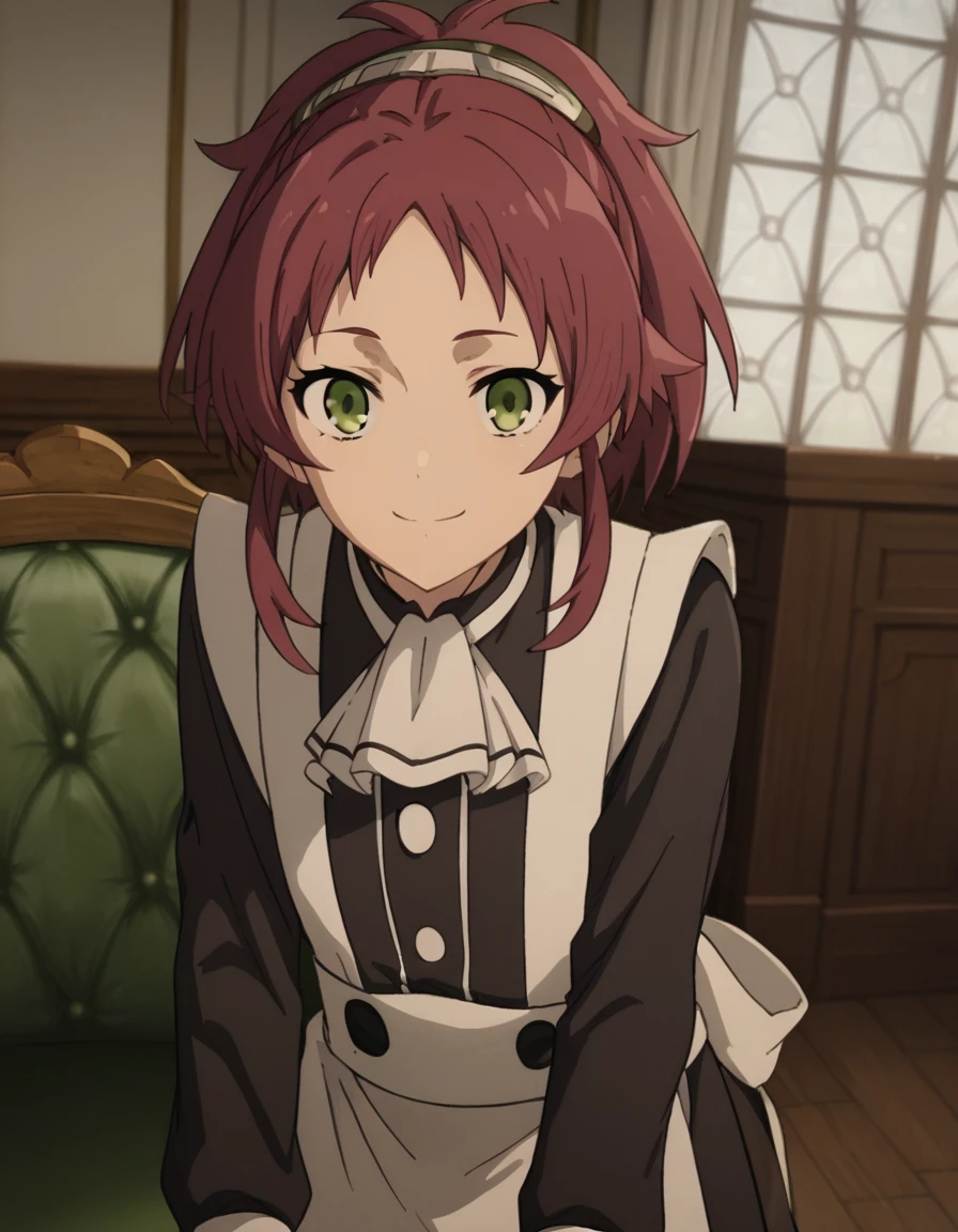 score_9, score_8_up, score_7_up, source_anime,
aishagreyrat, <lora:aisha-greyrat-s2-ponyxl-lora-nochekaiser:1>,
aisha greyrat, green eyes, ponytail, red hair,
long sleeves, apron, maid, ascot, white apron, white ascot,
indoors, bent over, smile,
solo, dutch angle, looking at viewer, cowboy shot,