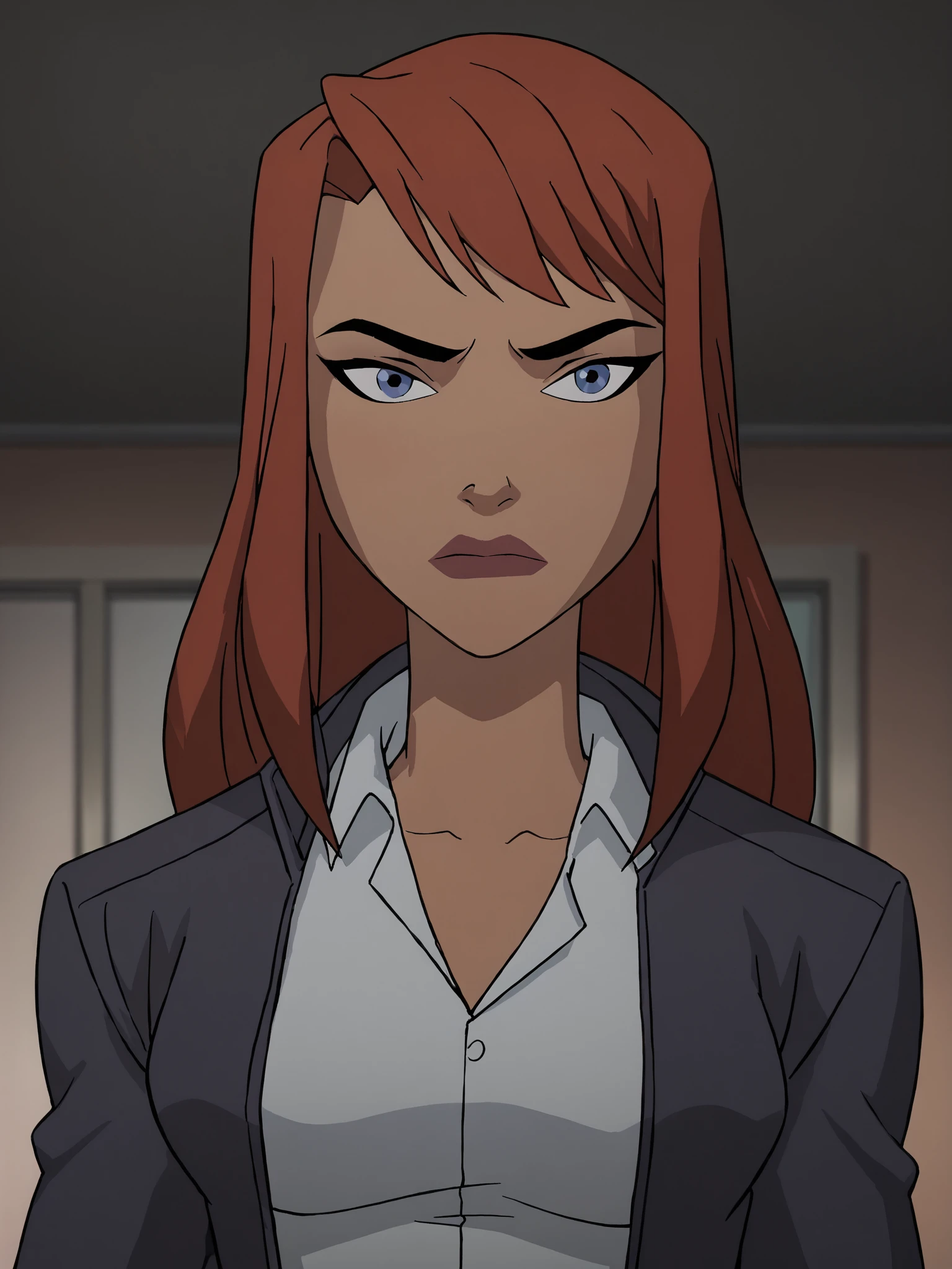 <lora:BatgirlPony1.0:1> BarbaraG, solo, 1girl, looking at viewer, long hair, red hair, blue eyes, shirt, upper body, closed mouth, collared shirt, jacket, breasts, white shirt, looking at viewer, score_9, score_8_up, score_7_up, score_6_up, score_5_up, score_4_up
