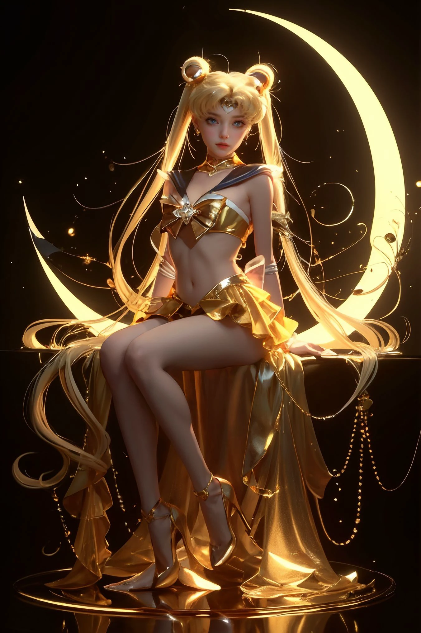 (8k, RAW photo, highly detailed,masterpiece, highest quality),rich colors,high contrast,film still,full shot body photo of the most beautiful artwork in the world,cinematic light,fantasy,highres,(detailed face),
xuer Sailor Moon,1girl,long hair,tsukino usagi,blonde hair,solo,twintails,very long hair,crescent,sitting,jewelry,facial mark,blue eyes,hair bun,crescent facial mark,double bun,absurdly long hair,full body,crescent moon,bow,bangs,earrings,moon,breasts,forehead mark,hair ornament,high heels,navel,white bow,closed mouth,black background,
high gloss,extremely beautiful skin,natural skin texture,(pale skin, real_skin),(Milky skin:1.2),(shiny skin:1.5),
<lora:xuer Sailor Moon_20240329152018:0.8>,