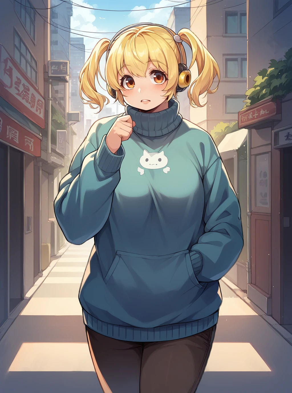 score_9, score_8_up, score_7_up, source_anime, solo, 1girl, super pochaco, blonde hair, (plump:0.8), sweater, city,  <lora:pochaco_PDXL-000001:1>