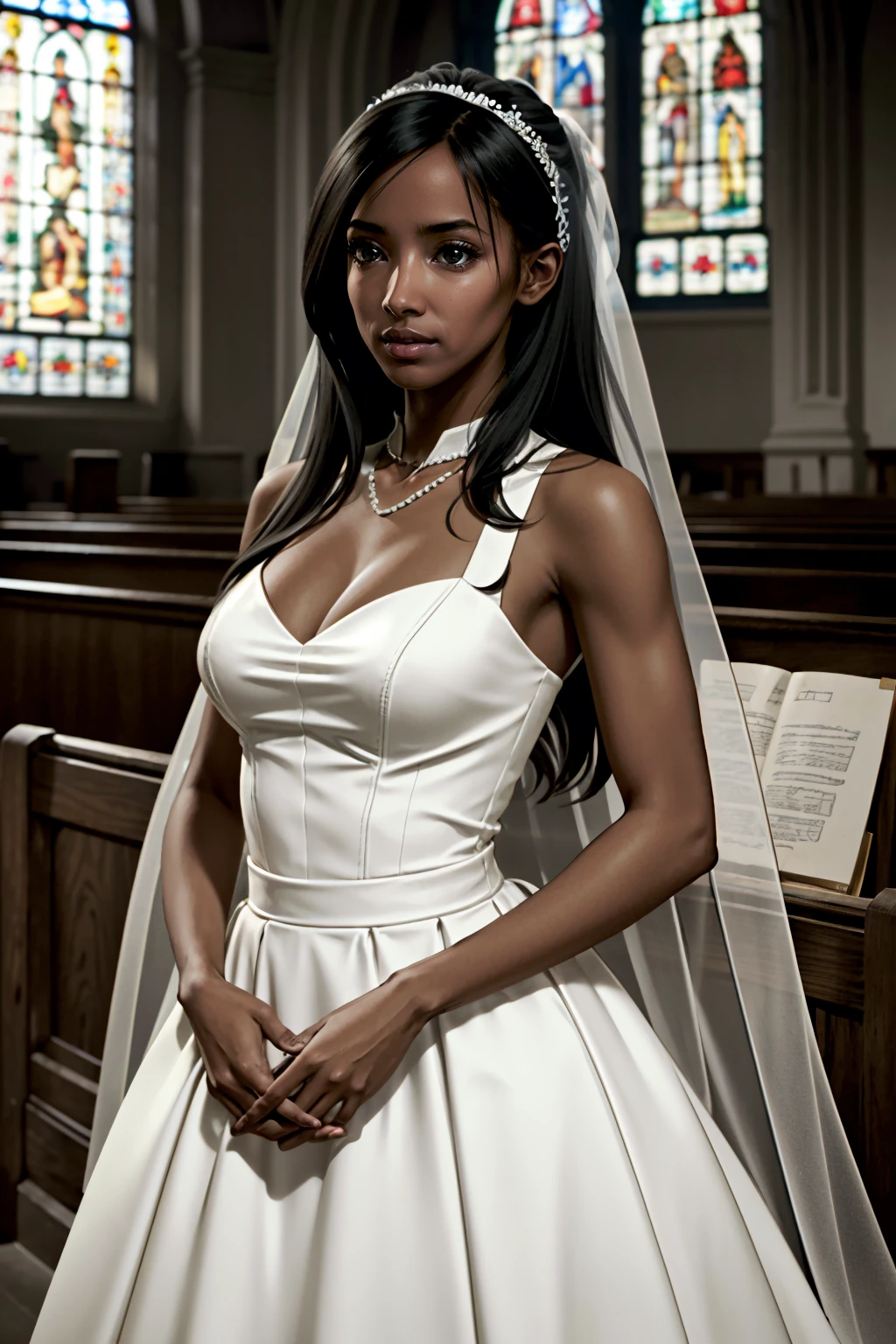 ((ultra detailed, masterpiece, absurdres))
 <lora:MEBrooks:0.8>
MEBrooks, 1girl, dark skin, black hair, long hair, wearing a wedding dress, bridal veil, inside a church