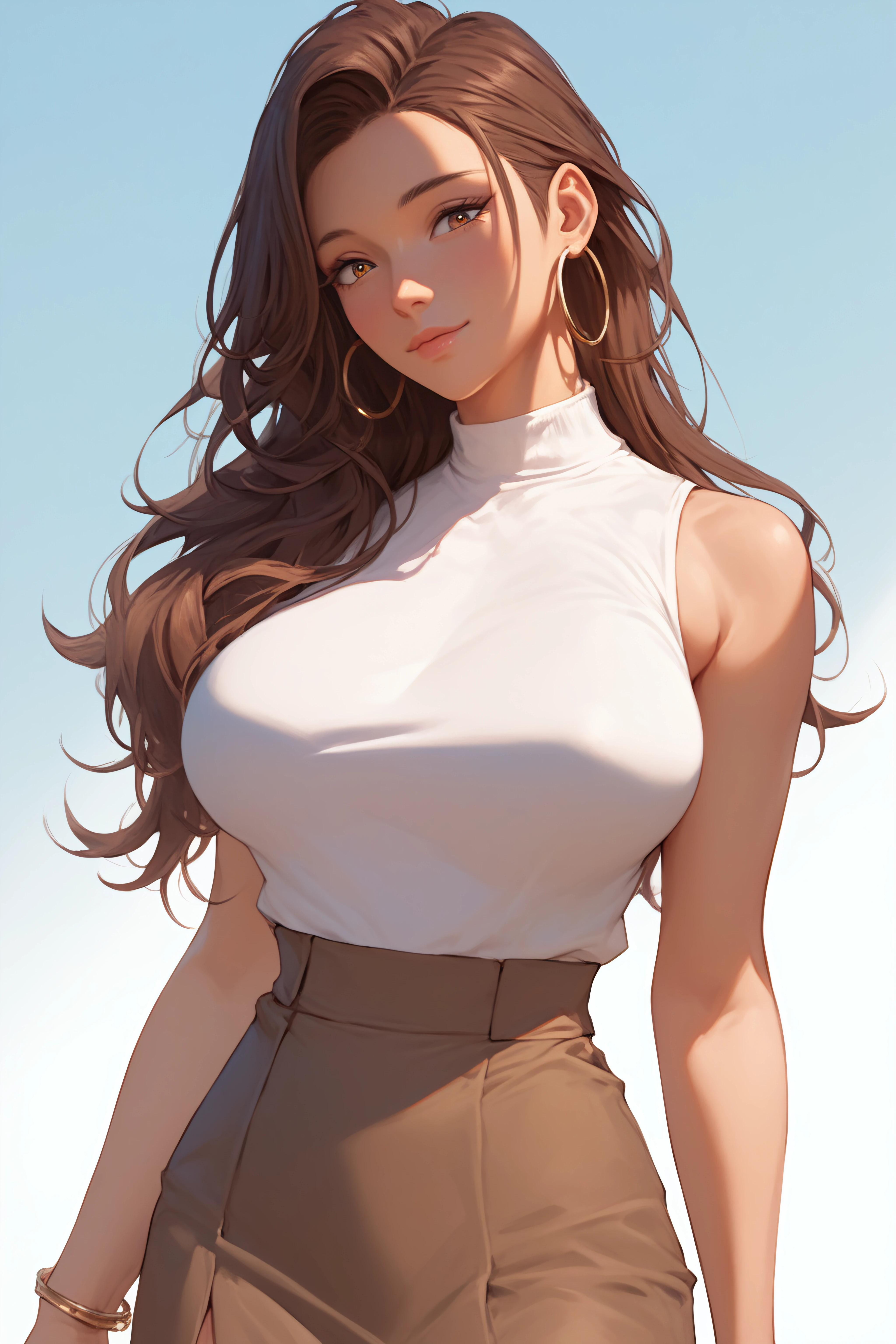 score_9, score_8_up, score_7_up, <lora:Risa Hamazaki-PonyXL-lora-Faxtron:0.8> risa hamazaki, brown eyes, brown hair, long hair, large breasts, hoop earrings, white shirt, sleeveless, brown skirt,