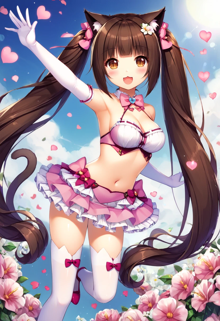 PonyXLV6_Scores ,source_anime, original anime style, masterpiece,best quality, highly detailed,<lora:xl_more_art-full_v1:0.8>,cinematic,volumetric light,
BREAK
 <lora:chocola:0.8>chocola,1girl, solo, long hair, breasts, looking at viewer, blush, smile, open mouth, bangs, skirt, brown hair, thighhighs, gloves, bow, navel, animal ears, cleavage, bare shoulders, twintails, brown eyes, medium breasts, very long hair, standing, tail, flower, :d, hair bow, heart, frills, elbow gloves, midriff, artist name, cat ears, white gloves, blunt bangs, bowtie, armpits, white thighhighs, zettai ryouiki, cat tail, plaid, :3, standing on one leg, frilled skirt, outstretched arm, cat girl, pink bow, slit pupils, idol, \m/, animal ear legwear, cat ear legwear