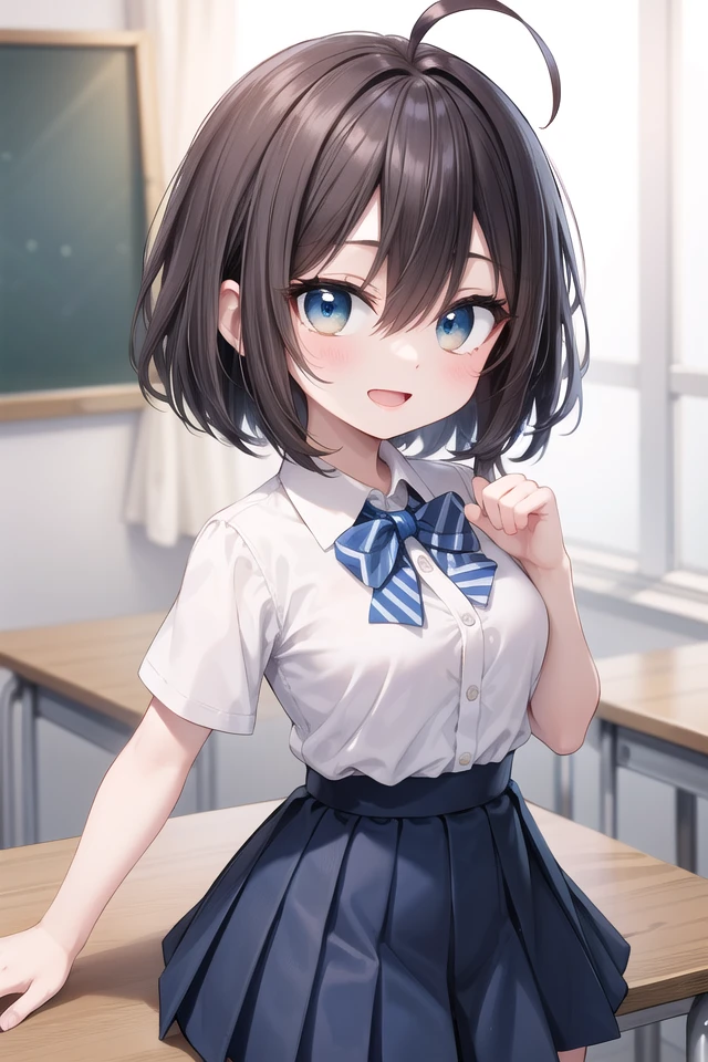 insanely detailed, absurdres, ultra-highres, ultra-detailed, best quality,
1girl, solo, nice hands, perfect hands
BREAK
summer school uniform, (plain dark blue skirt with many pleats:1.4), (striped indigo blue bowtie:1.3), short sleeves, white shirt, shirt with white button
BREAK
(nsfw:-1.5)
BREAK
happy smile, laugh, open mouth
BREAK
standing, cowboy shot, looking at viewer
BREAK
slender, kawaii, perfect symmetrical face, ultra cute girl, ultra cute face, ultra detailed eyes, ultra detailed hair, ultra cute, ultra beautiful
BREAK
classroom, depth of field, ultra detailed background
BREAK
medium large breasts
BREAK, (ahoge:1.2), (short bob cut, hair between eyes, black dark_brown hair), black dark_brown eyes