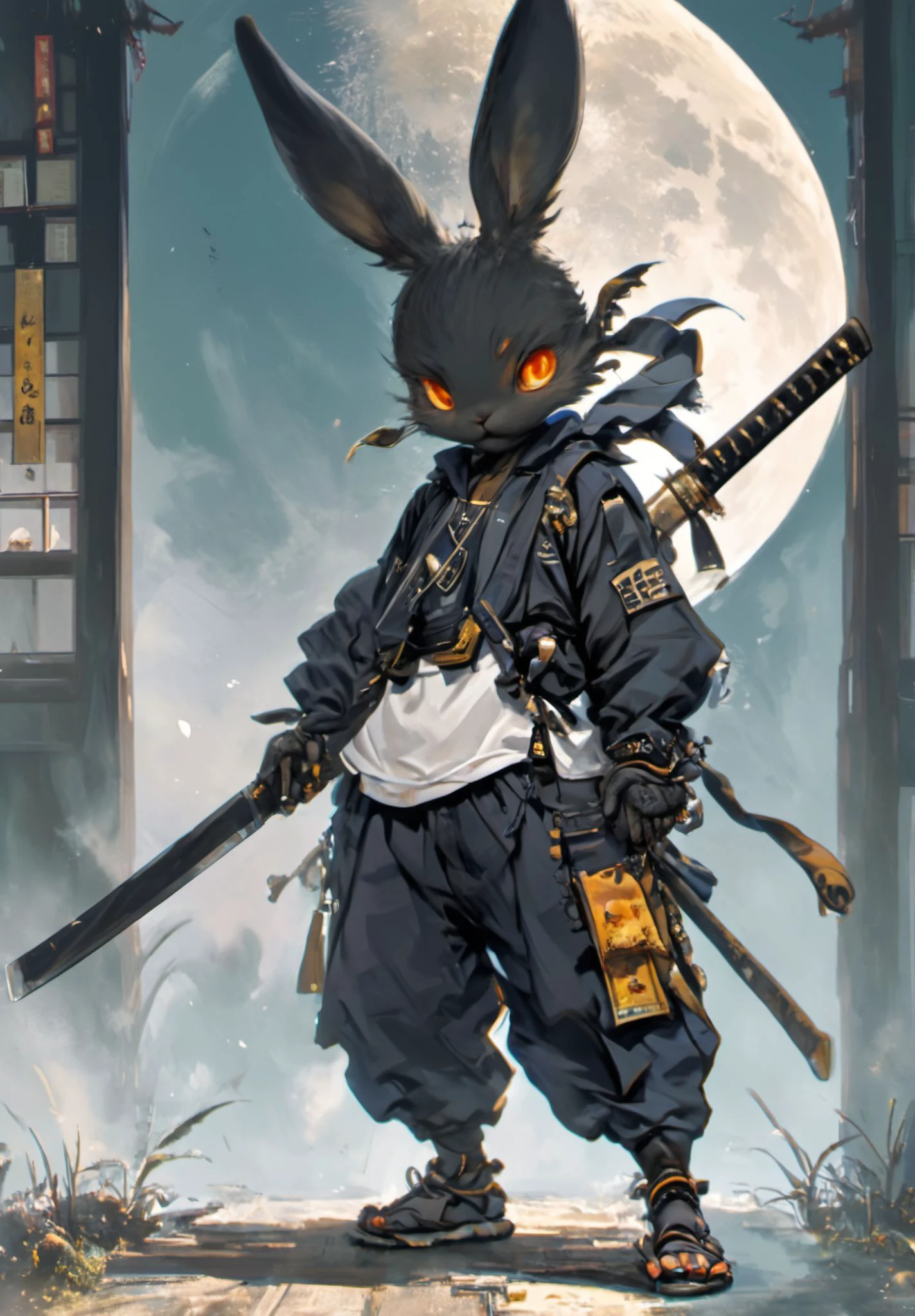 XUER Rabbit anthropomorphic,(furry,rabbit:1.5),<lora:~Q?XL bNSQT[P XUER Rabbit anthropomorphic:1>,manga cover,wealthy portraiture,poster art,rich colors,high contrast,
(best quality,official art,beautiful and aesthetic:1.2),(fractal art:1.2),offcial art,colorful,Colorful background,splash of color,movie perspective,advertising style,magazine cover,
XUER Rabbit anthropomorphic,solo,looking at viewer,long sleeves,1boy,holding,animal ears,standing,full body,male focus,japanese clothes,pants,sword,holding weapon,armor,rabbit ears,orange eyes,mask,moon,sandals,katana,sheath,furry,sheathed,tabi,samurai,