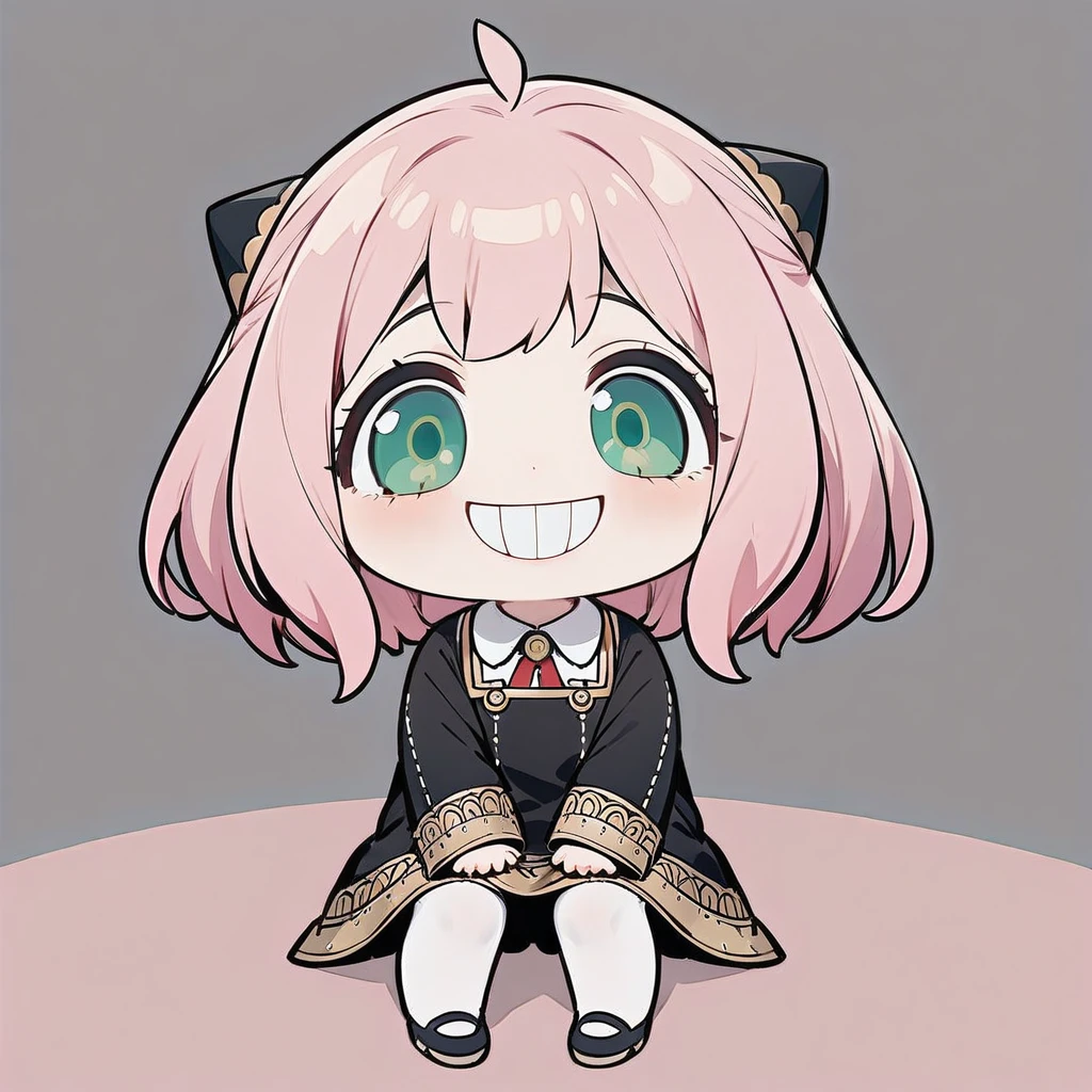 (grin, chibi, teeth),(masterpiece),(best quality),Anya Forger, 1girl, anya \(spy x family\), solo, female *****, pink hair, green eyes, school uniform, eden academy school uniform, smile, dress, sitting, looking at viewer, open mouth, black footwear, black dress, child, shirt, :d, long sleeves, full body, shoes, medium hair, bangs, ahoge, white pantyhose, collared shirt