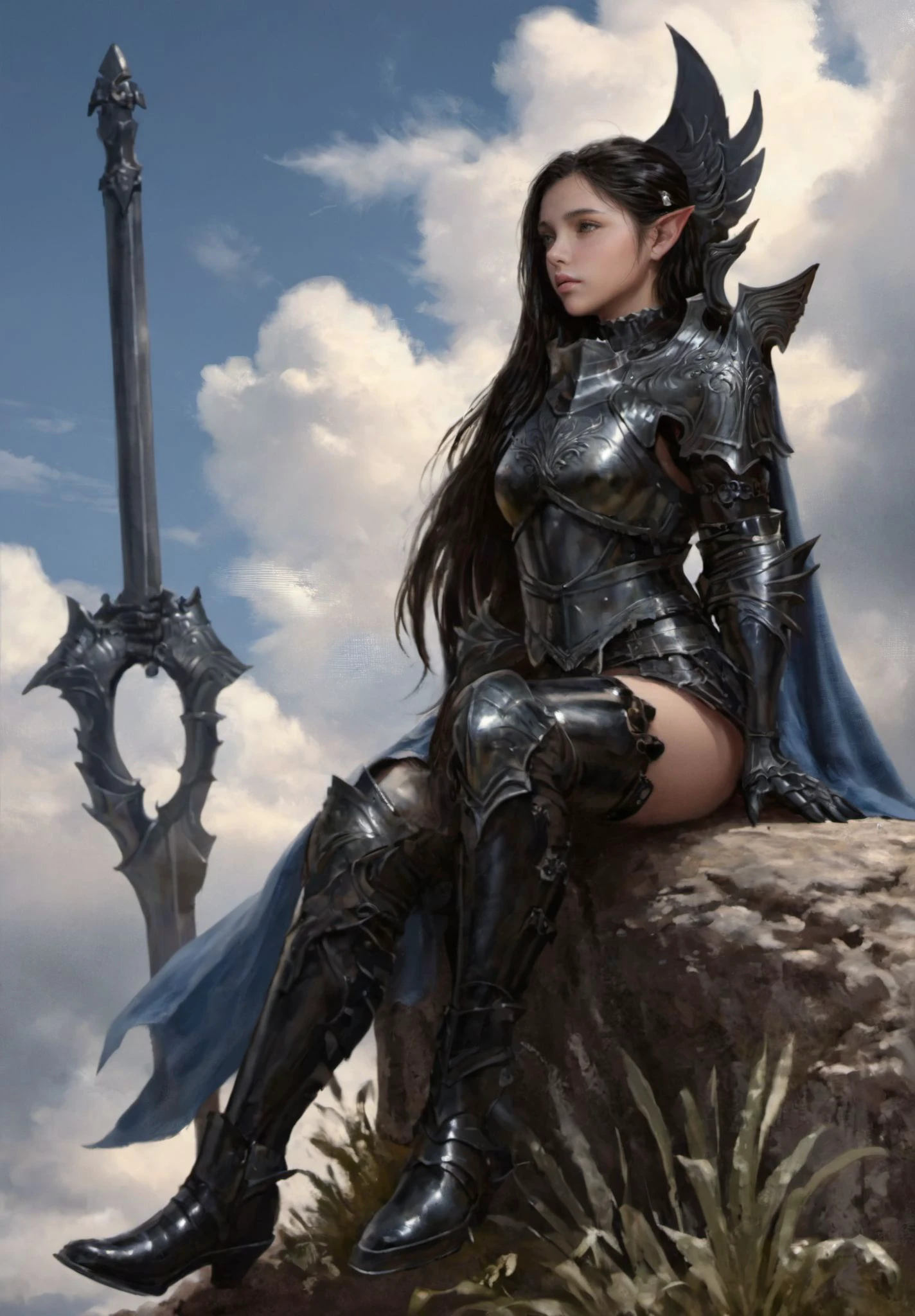 xuer Character concept art,1girl,solo,long hair,black hair,sitting,boots,sky,pointy ears,cloud,cape,armor,animal,
cloudy sky,elf,armor,gauntlets,pauldrons,realistic,armored boots,greaves,planted,
<lora:~Q? ri_zg/ xuer Character concept art:0.8>,