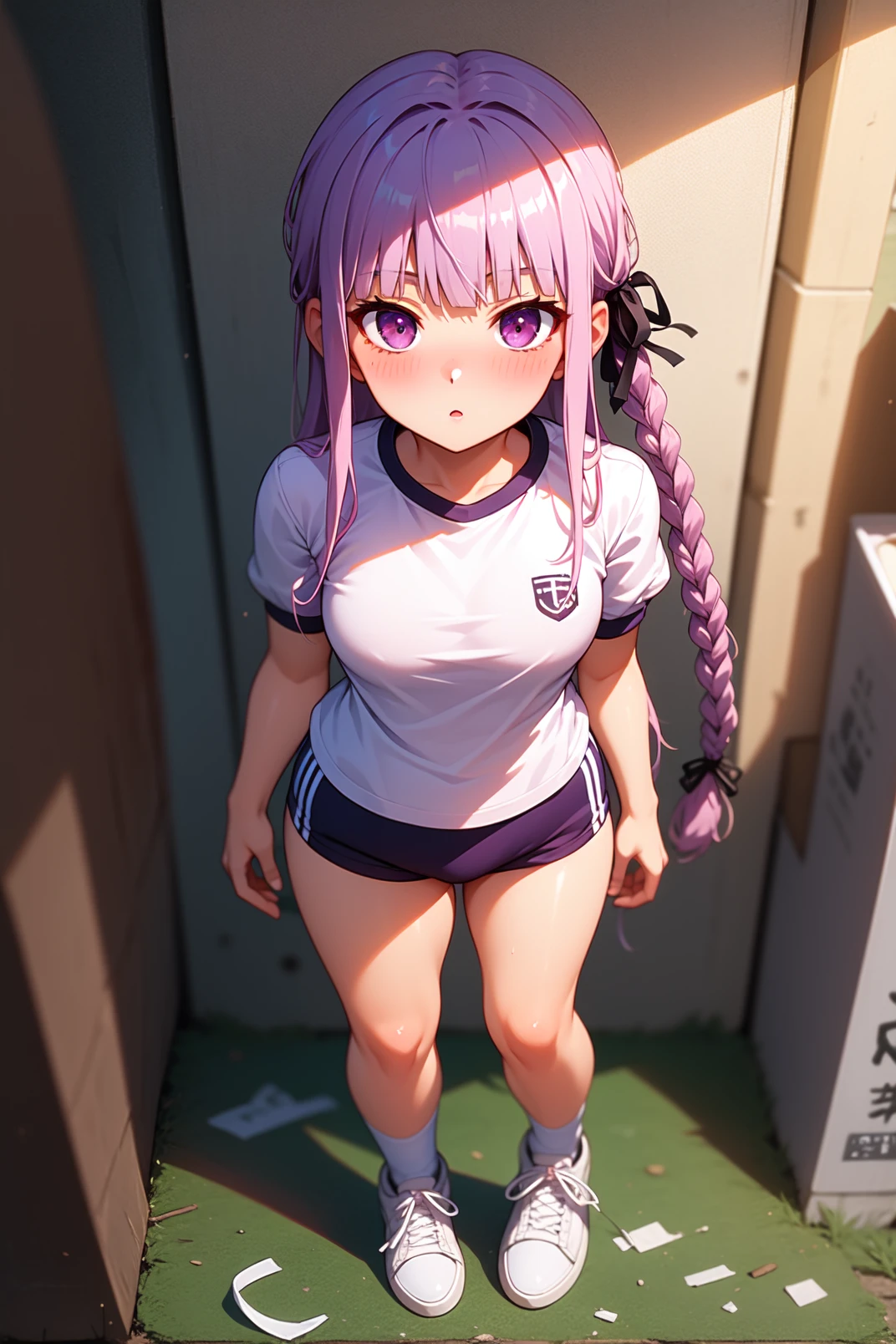 solo, masterpiece, best quality, gym storeroom, looking at viewer, :o, closed mouth, blush, standing, kyoko, purple eyes, purple hair, very long hair, blunt bangs, braid, black ribbon, hair ribbon, white shirt, short sleeves, gym uniform, baruma, from above, full body, sneakers 