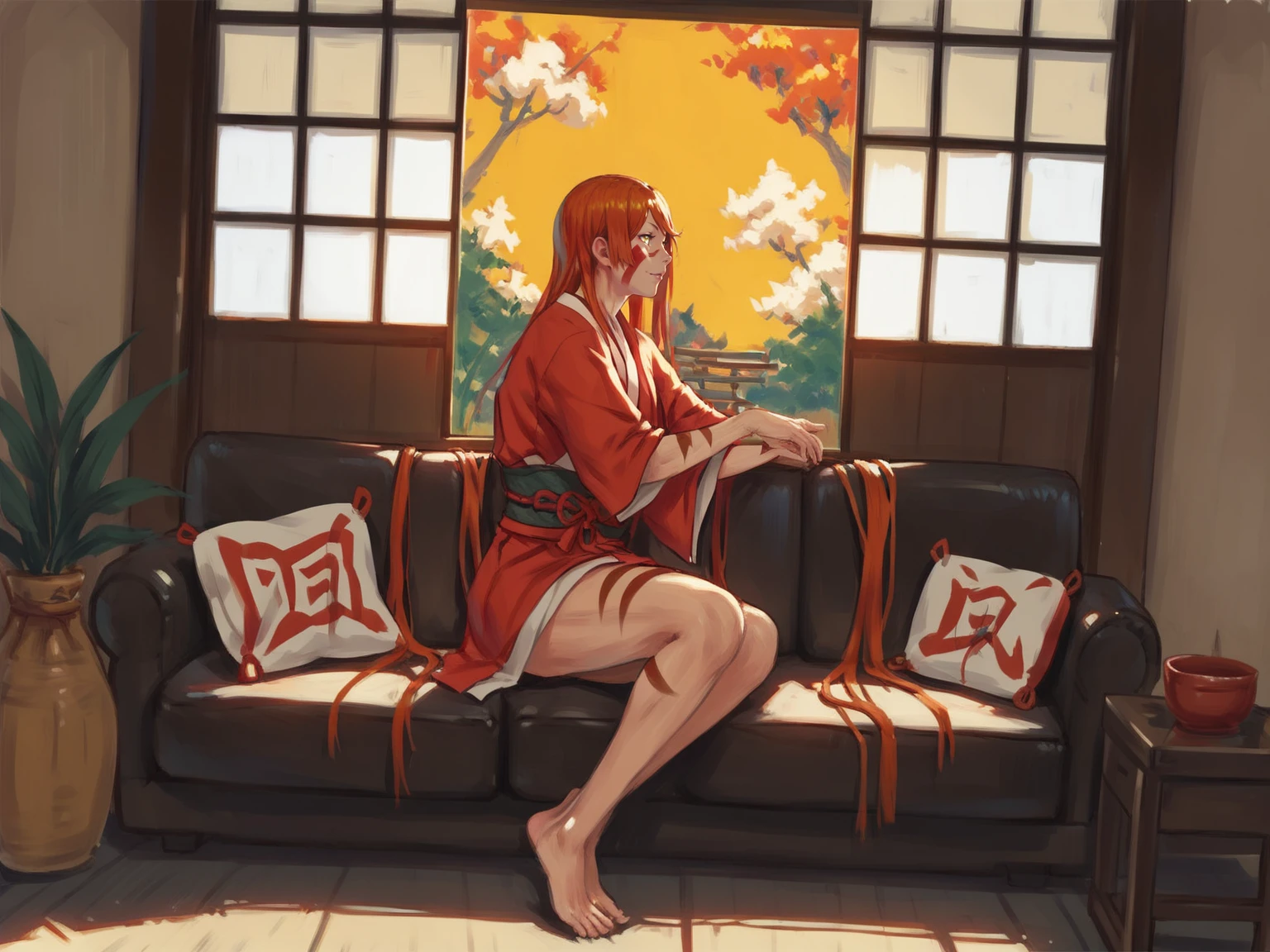 <lora:fuuma_kotarouV2:0.8>, fuuma kotarou, 1girl, yellow eyes, orange hair, long hair, facepaint, muscular female, red hair, japanese clothes, body markings, sitting on a couch, black couch, indoors, living room, window, small table, east asian architecture, solo, <lora:Murano:0.8>, score_9, score_8_up, score_7_up