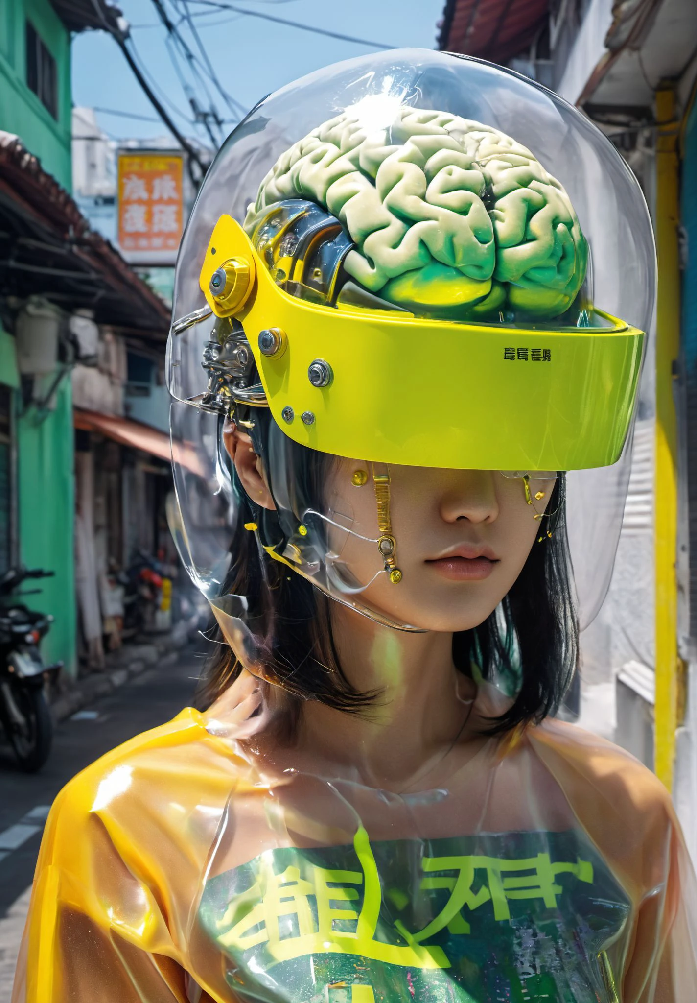 XUER Liquid chromium brain,<lora:~Q?XL m`Y' XUER Liquid chromium brain:0.8>,(full body:1.5),spectacular,and has a sense of design,exaggerated perspective,
a photo of an asian Beautiful cyberpunk robot woman wearing green Fluorescent helmet with metal nails and yellow Fluorescent,
goggles,he has his head in the shape of brain made from transparent plastic bag filled by liquid chrome,written on it,posted to reddit in 2018,
architecture,building,(shophouse),cityscape,scenery,Southeast Asia,George Town,Penang,vintage,historical,heritage,orange tiled roof,pedestrian arcade,narrow facade,long windows,people,crowd,street vendors,road,perfect proportions,perfect perspective,8k,masterpiece,best quality,high_resolution,high detail,photorealistic,motorcycle,bike,nightmarket,sunset,