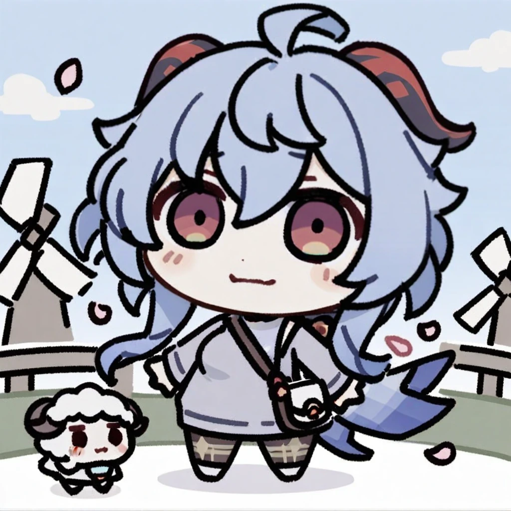 (chibi),full_body, masterpiece, best quality, 1girl, ganyu \(genshin impact\), solo, outdoors, long hair, goat horns, ice cream, horns, flower, purple eyes, blue hair, sweater, petals, looking at viewer, pantyhose, food, bag, turtleneck, ahoge, bangs, blush, windmill, purple flower, sheep, turtleneck sweater, holding, fence, breasts, cloud, day, long sleeves, sky, handbag, shoulder bag, building, falling petals, cowboy shot, closed mouth, floating hair, dress, animal, black pantyhose, purple sweater, hair between eyes, pink flower, medium breasts, standing, sidelocks, cable knit, blue sky, tree, holding food
