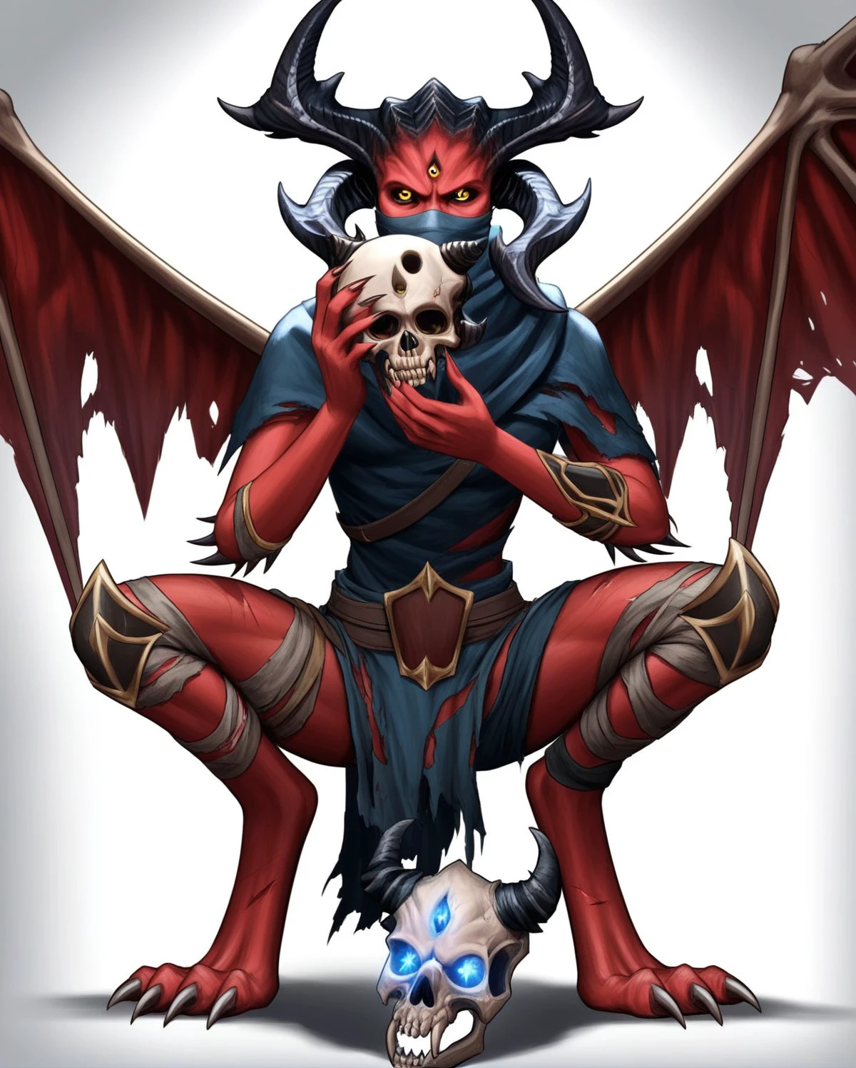 score_8,score_7,source_furry, 
(Masterpiece), (Best Quality), (Hi Res),
<1girl:1.5>,
<solo:2.5>,
unknown_mh, metal_hellsinger, skull, wings, horns, holding skull, holding, white background, solo, red skin, yellow eyes, demon wings, torn clothes, 1girl, simple background, demon horns, demon, female focus, colored skin, looking at viewer, belt, colored sclera
covered mouth,claws,feet claws,
 <lora:Unknown_Metal_Hellsinger_Pony_SDXL:1> unknown_mh,, crouch,
crouching,
twerking,
frontal shot