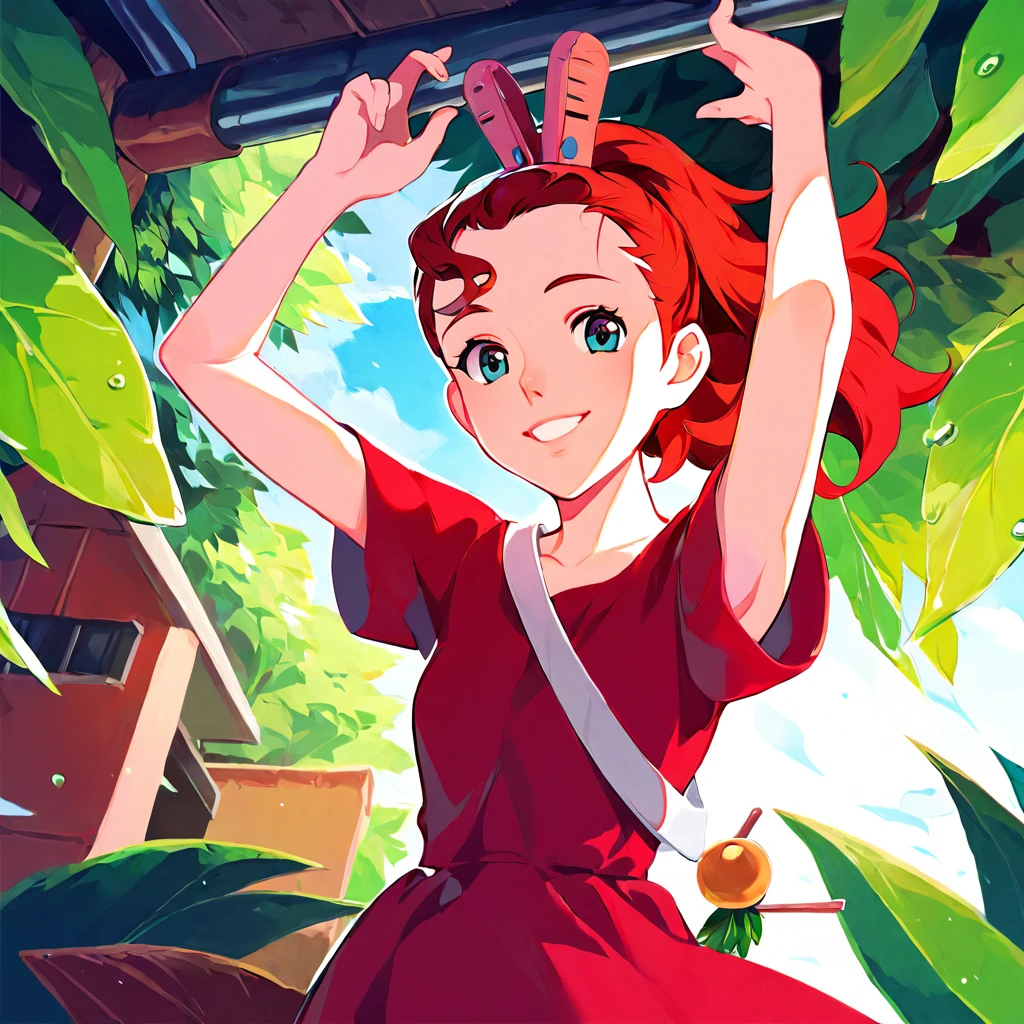 <lora:Arrietty-000016:1>,1girl,solo,arrietty,karigurashi no arrietty,minigirl,red dress,red hair,blue eyes,clothes pin,doll house,arms up,v,looking at viewer,smile,, (score_9,score_8_up,score_7_up), anime style, beautiful detailed skin, beautiful eyes, detailed face, best quality, high quality,