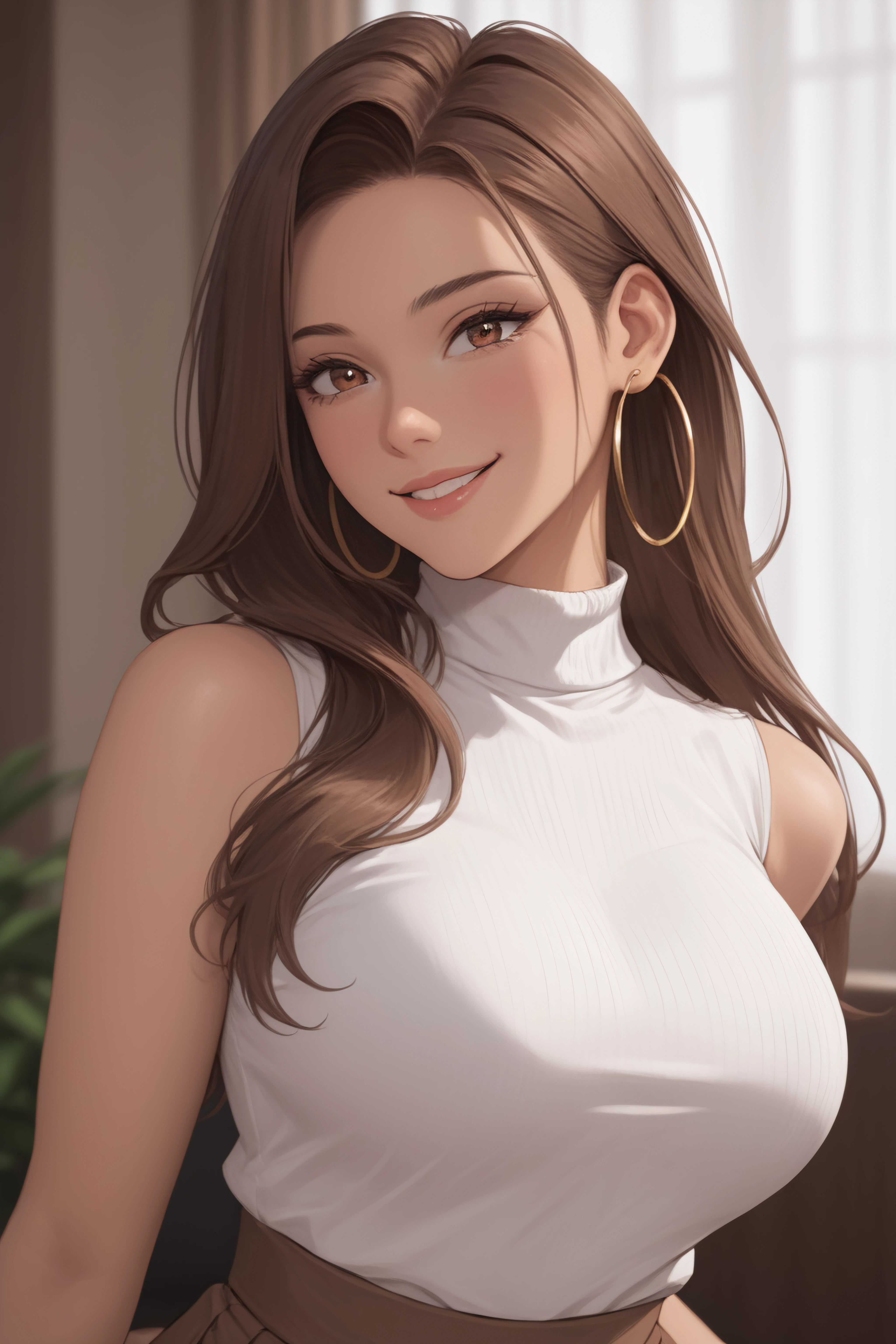 score_9, score_8_up, score_7_up, <lora:Risa Hamazaki-PonyXL-lora-Faxtron:0.8> risa hamazaki, brown eyes, brown hair, long hair, large breasts, hoop earrings, white shirt, sleeveless, brown skirt,