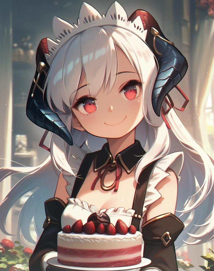 score_9, score_8_up, score_7_up,score_6_up, <lora:porforever_style_pony6_v2-000020:1> a maid girl dragon holding a cake, smile, head tilt, horns, smile