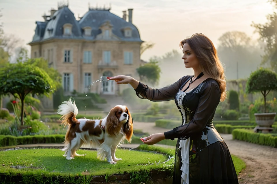 <lora:Noble_Dogs_XL-000025:0.9>  NOBLEDOGS_CKCS, remarkable ultra-realistic portrait of an elegant victorian mature woman woman who is playing with (cavalier person spaniel dog:1.3) in early morning noble garden in front of foggy French landscape with luxurious mansion in background fog, woman presenting her artistic hands which have anatomically correct five fingers BREAK ([(3d game concept with ground made of voronoi-shaped prismatic voxels:1.2) : ultra-realistic organic shapes with wet surface and reflections :0.42]:1.4), art by mooncryptowow, (dreamy natural morning light with rim lighting and soft focus and light leaks with shallow dof and swirly bokeh, view from_below, low angle view:1.1), (masterpiece, award winning artwork), many details, extreme detailed, remarkable