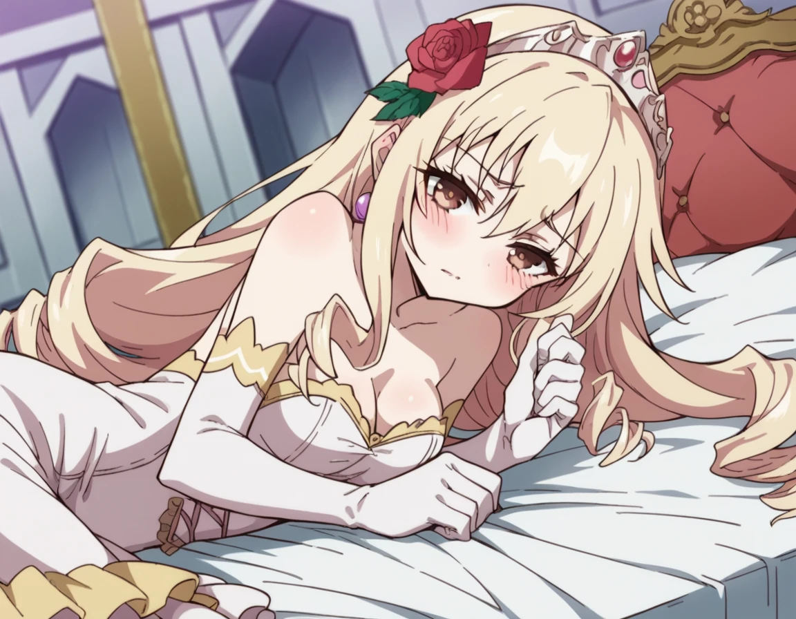 score_9, score_8_up, score_7_up, source_anime,
tsunprireiana, <lora:tsunpri-reiana-ova-ponyxl-lora-nochekaiser:1>,
reiana, long hair, blonde hair, hair ornament, brown eyes, flower, hair flower, drill hair, tiara,
cleavage, bare shoulders, jewelry, dress, white dress, corset, gloves, white gloves, elbow gloves,
indoors, bed, bed room, on side, blush, drunk,
solo, dutch angle, looking at viewer, cowboy shot,