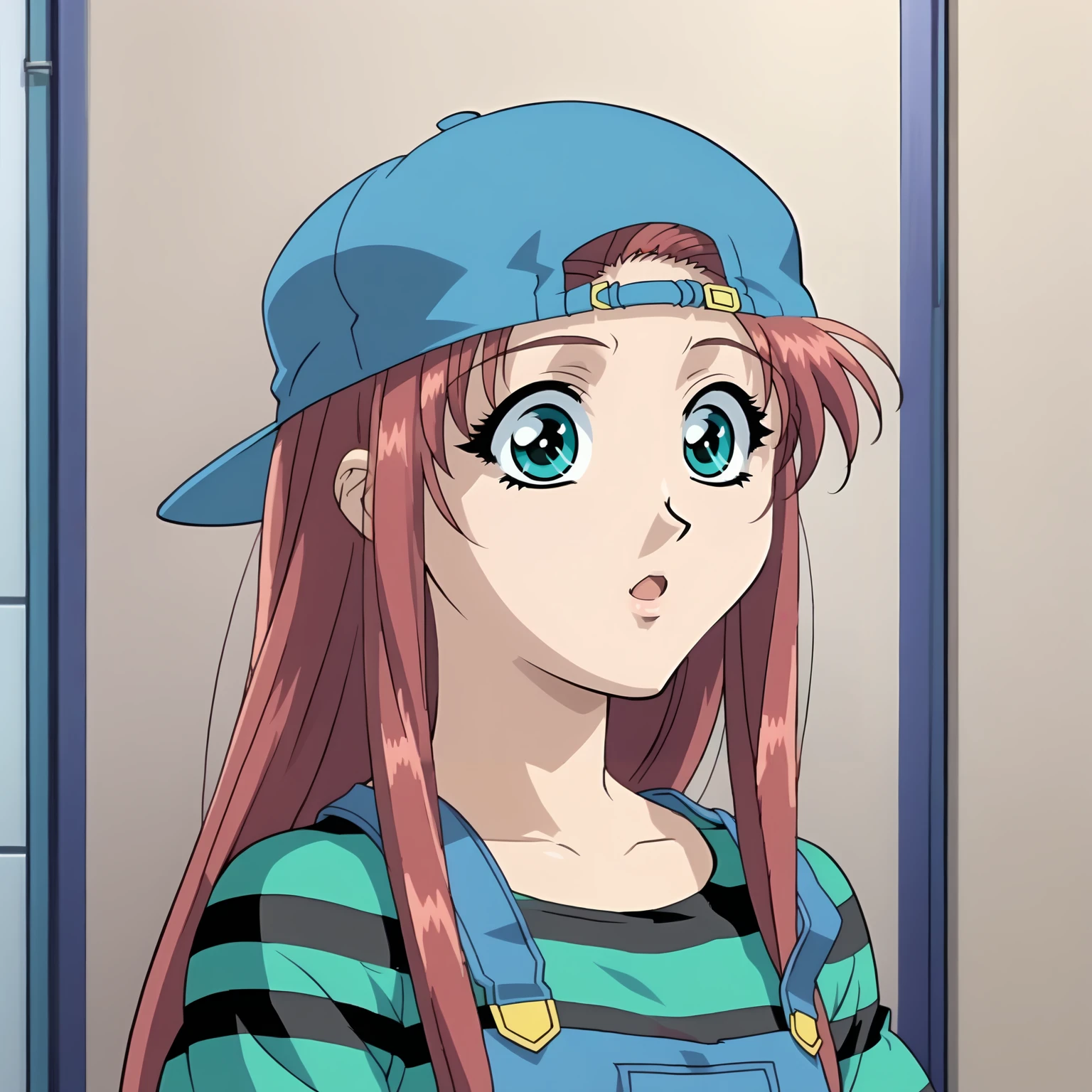 <lora:MitsukiAkasakaXLpony001>,
solo,
MitsukiAkasaka,1girl,red hair,long hair,aqua eyes,
backwards hat,forehead,
striped shirt,overalls,