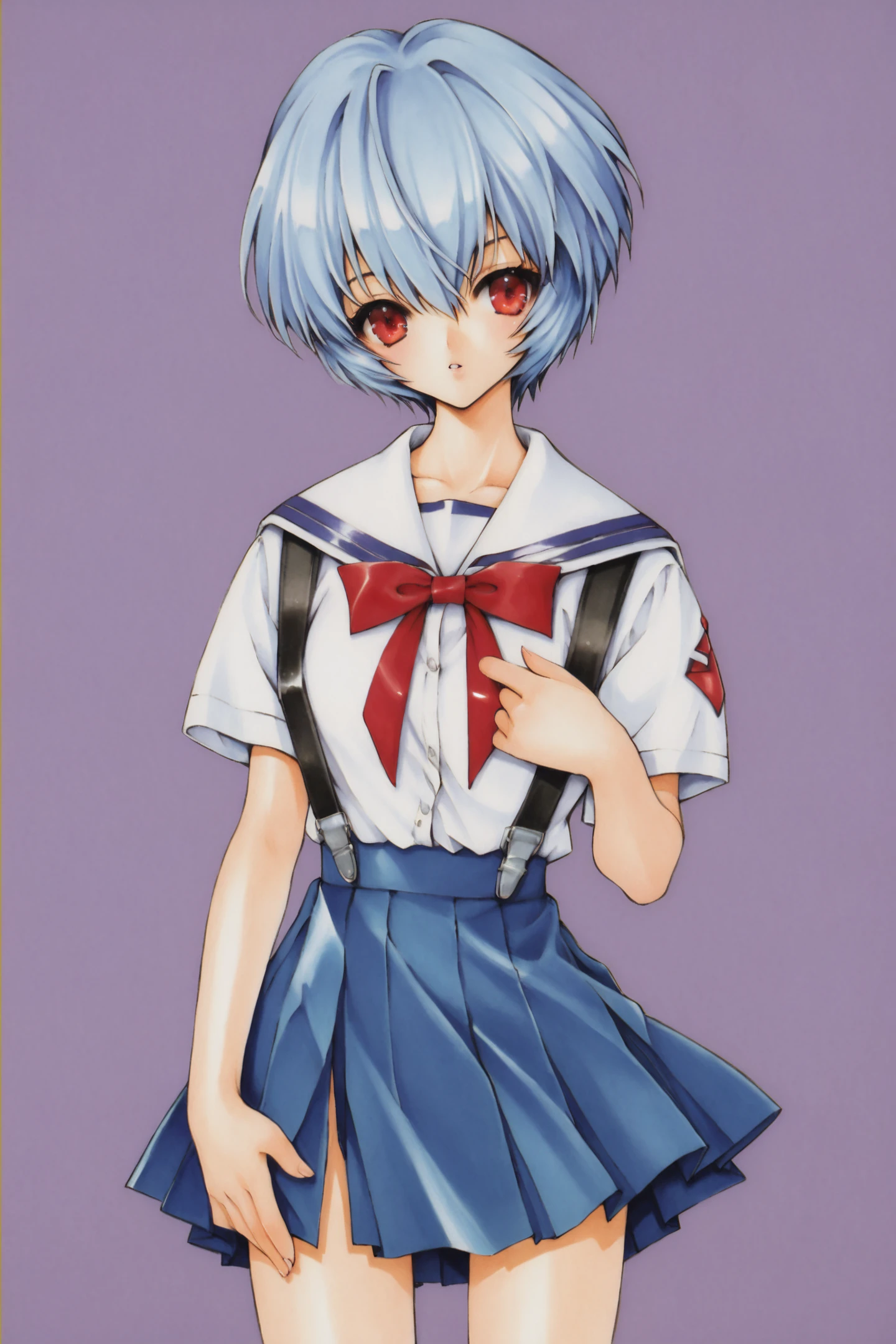 score_9,score_8_up,score_7_up,
1girl,ayanami rei,solo,red eyes,short hair,school uniform,blue hair,tokyo-3 middle school uniform,signature,short sleeves,hair between eyes,suspender skirt,purple background,bangs,purple theme,shirt,cowboy shot,looking to the side,skirt,white shirt,looking at viewer,parted lips,suspenders,traditional media,
<lora:Ramiya Ryou_XL_PONY:0.9>,