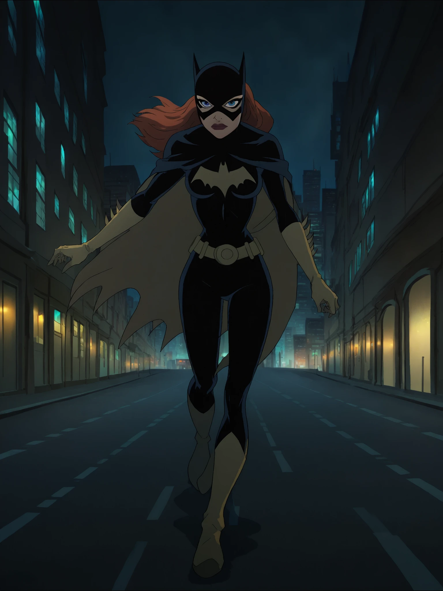 <lora:BatgirlPony1.0:1> BarbaraG, 1girl, solo, cape, mask, belt, gloves, blue eyes, superhero, long hair, bodysuit, lipstick, batgirl,boots,city, night,   looking at viewer, score_9, score_8_up, score_7_up, score_6_up, score_5_up, score_4_up