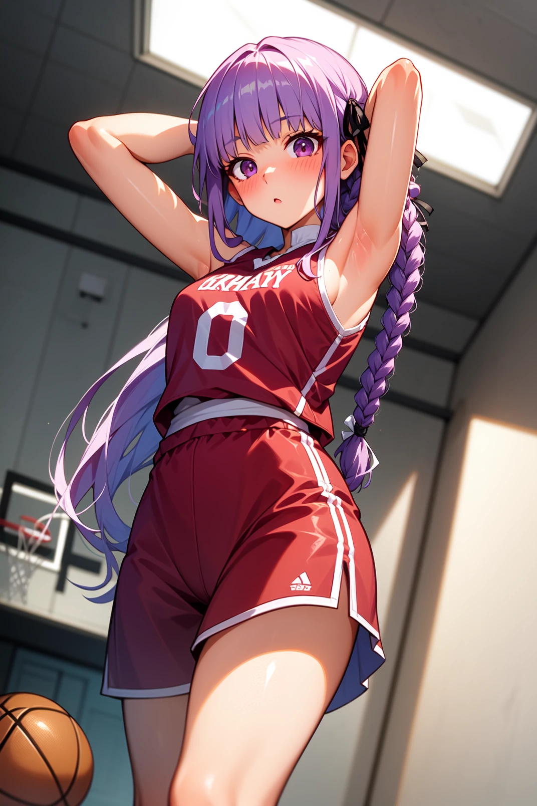 solo, masterpiece, best quality, basketball court, looking at viewer, :o, closed mouth, blush, standing, kyoko, purple eyes, purple hair, very long hair, blunt bangs, braid, black ribbon, hair ribbon, basketball uniform, indoor, arms behind head, dutch angle, from below