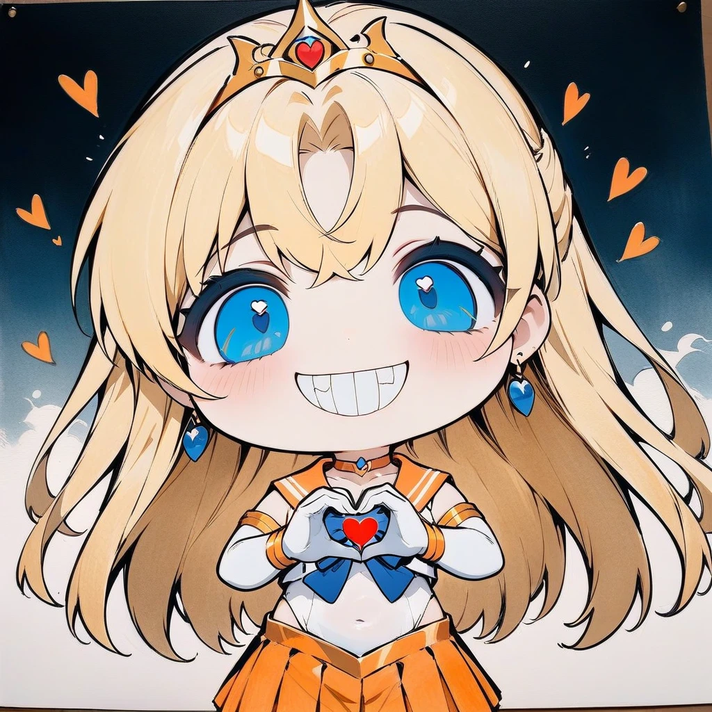 (grin, chibi, teeth),(masterpiece),(best quality),1girl,sailor venus,masterpiece,best quality,very aesthetic,absurdres,aavenus,long hair,blonde hair,hair bow,tiara,blue eyes,earrings,orange choker,collarbone,orange sailor collar,blue bowtie,white shirt,white leotard,elbow gloves,white gloves,pleated skirt,orange skirt,heart hands,traditional media,