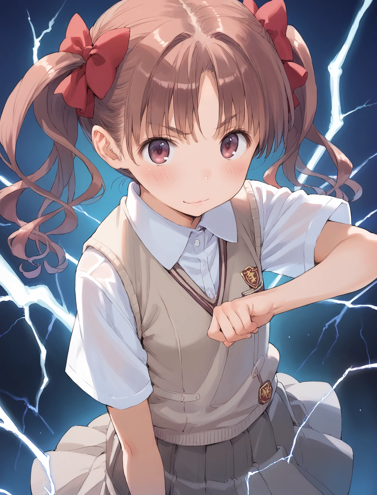 score_9, score_8_up, score_7_up,source_anime,BREAK uncensored,1girl,solo,pointing electricity, lightning,(fantasy:1.2),(angelic smile:0.5), shirai kuroko, tokiwadai school uniform,vest,gray pleated skirt,dotch angle, from above,Complicate background, <lora:kuroko.pony:0.9>