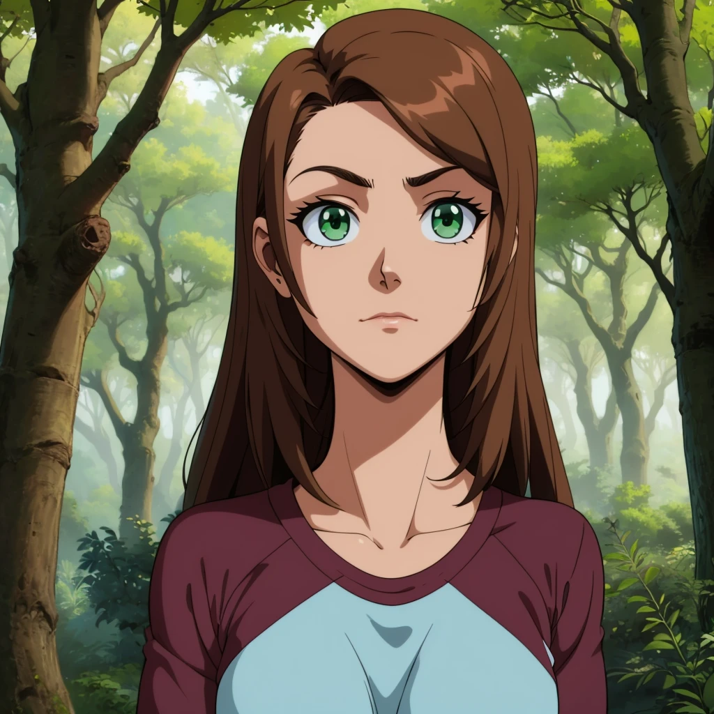 1girl, solo, Diana,  long hair,  brown hair,  long sleeves,  green eyes, shirt, raglan sleeves, blue pants, ,  <lora:Diana_Lombard_Leaf1:0.7>, portrait, looking at viewer, forest,