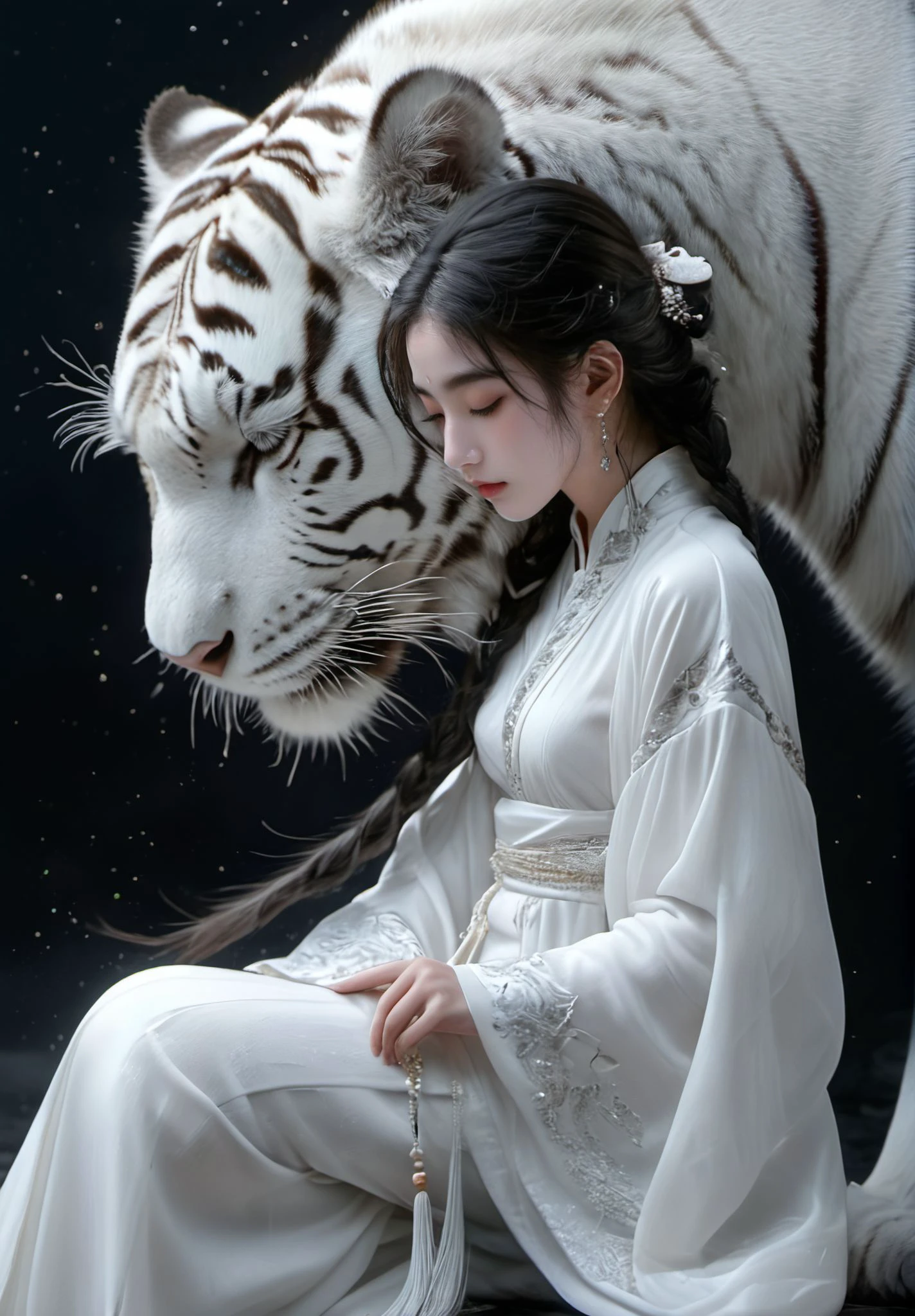 xuer White tiger,1girl,solo,long hair,black hair,long sleeves,dress,jewelry,sitting,closed mouth,closed eyes,braid,earrings,artist name,wide sleeves,white dress,from side,lips,eyelashes,profile,animal,watermark,chinese clothes,black background,light particles,robe,realistic,nose,tiger,white tiger,
<lora:~Q? sNN\q xuer White tiger:0.7>,