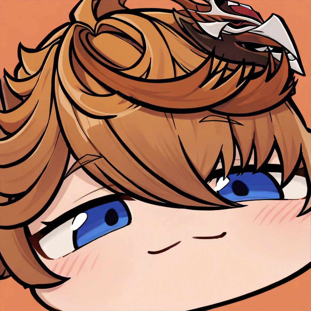close-up, chibi, smug, blue eyes, tartaglia \(genshin impact\), mask on head, hair between eyes, bangs, solo, mask, looking at viewer, orange hair, simple background, 1boy, blush