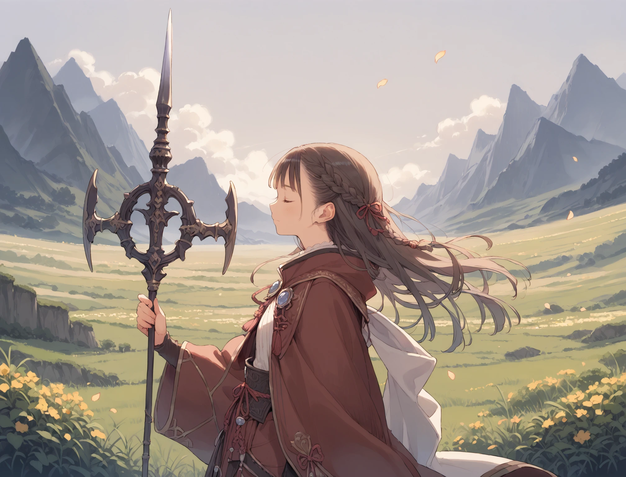 score_9, score_8_up, score_7_up,source_anime,BREAK uncensored,1girl,solo,cowboy shot, landscape, fantasy, braid, brown hair, closed eyes, closed mouth, from side, holding, holding polearm, holding weapon, limited palette, long hair, looking to the side, outdoors, petals, profile, sidelocks
