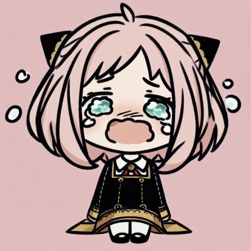 crying, chibi, (masterpiece),(best quality),Anya Forger, 1girl, anya \(spy x family\), solo, female child, pink hair, green eyes, school uniform, eden academy school uniform, smile, dress, sitting, looking at viewer, open mouth, black footwear, black dress, child, shirt, :d, long sleeves, full body, shoes, medium hair, bangs, ahoge, white pantyhose, collared shirt