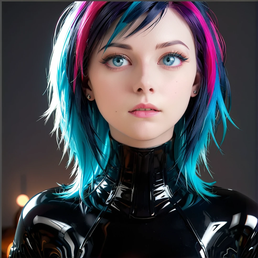 <lora:neckcorset_v2:0.6> pale skinned young emo goth girl with multicolored hair and blue eyes,, Masterpiece;highly detailed; extreme,octane render, zbrush, blender, 3d,post-processing,HDR; lightning; volumetric; cinematic; ray tracing; RTX;radiant light rays,subsurface scattering,soft edge lighting,realistic shadows;vibrant colors,high-res, 8k,16k,32k,Playful shadows dance across her face,