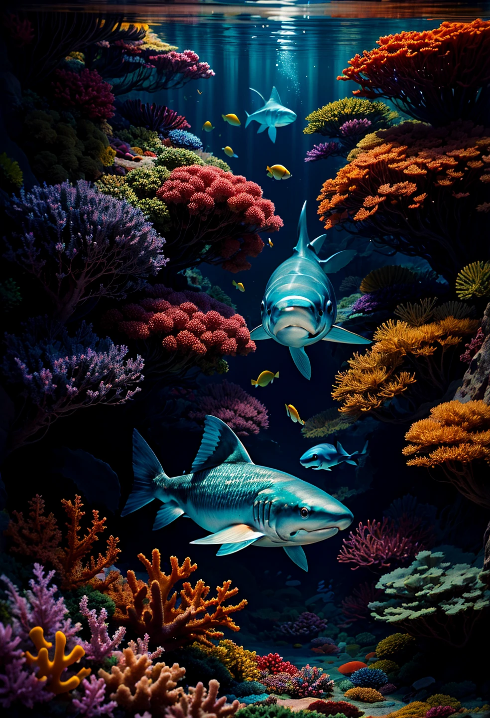 Deep blue sea, sharks, blood, underwater, air bubbles, coral reef, intricate, absurdres, highest quality, extremely detailed, immaculate, epic, masterpiece, RAW photograph, <lora:add_detail:0.9>