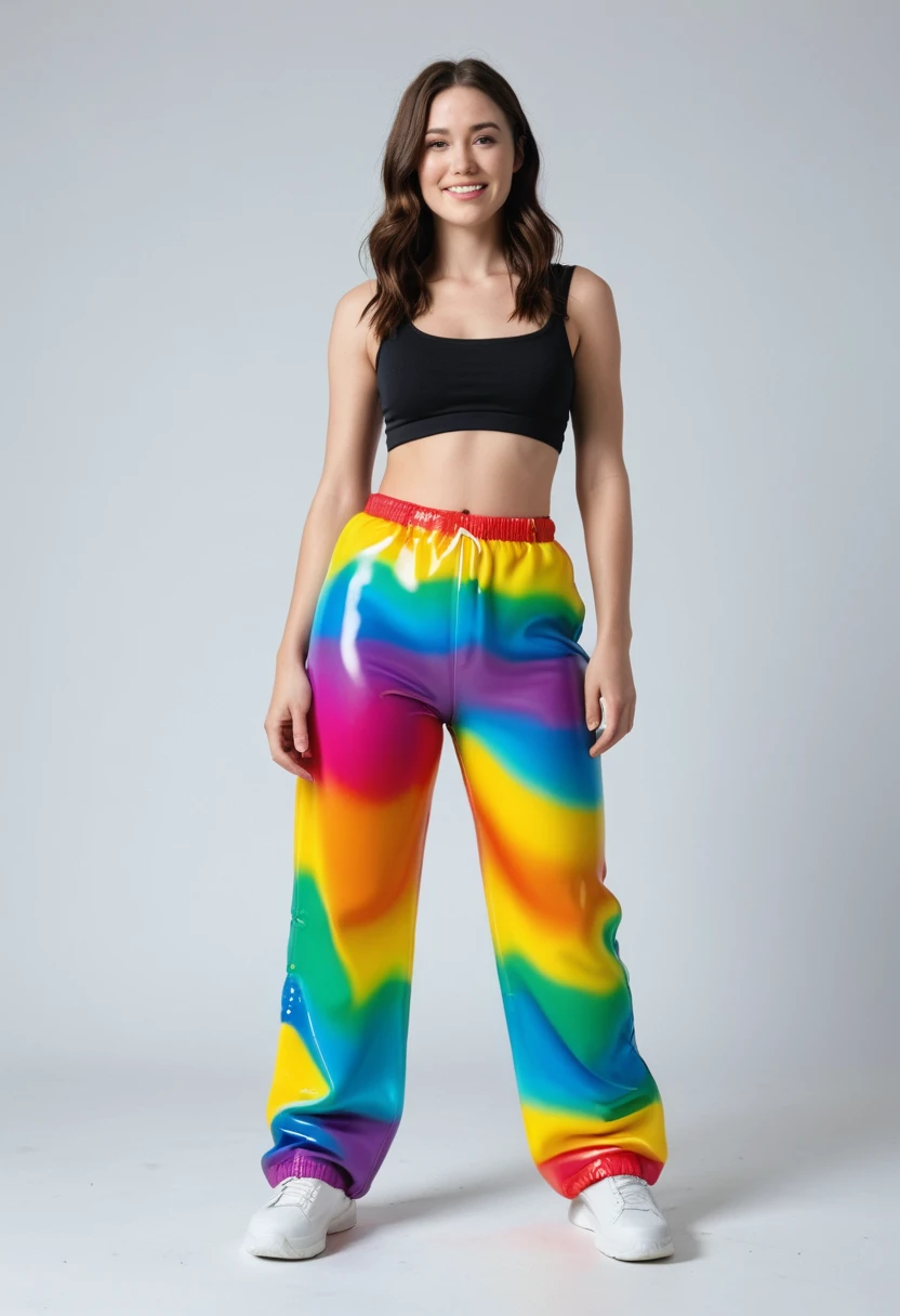 a woman wearing a rainbow mdgmmy pair of pants<lora:gummy:1>