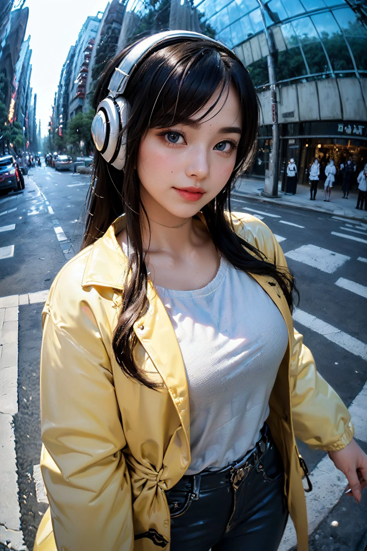 TEST, (((ElesaBlackNWhitePokemon, <lora:elesa-nvwls-v1:0.6> ,((bw2elesa, black hair, streaked hair, long sidelocks, hair ornaments, headphones, yellow jacket, puffy jacket, (5)))
,(in the winter, street, japanese winter, (wear trench coat), in sibuya crossroad, scenery, 
)
))), 
(((embarrassed laughing )))
, 
 (large breasts:1.3), 
 ((wide hip, perfect slender young girl body, tall super model body, ))
extremely detailed, photorealistic, 35mm, F1.2, anime, manga,25 yo mature girl,,
(<lora:fisheye_slider_v10:2>, portrait of a girl,
)