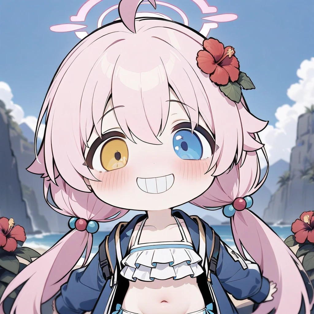 grin,chibi,teeth, (masterpiece),(best quality),solo, red flower, 1girl, hoshino (blue archive), flower, blue jacket, hoshino (swimsuit) (blue archive), hair ornament, white bikini, frilled bikini, heterochromia, swimsuit, twintails, long hair, ahoge, yellow eyes, bikini, navel, halo, blush, looking at viewer, jacket, frills, low twintails, blue eyes, open mouth, pink hair, collarbone, hair between eyes, hair bobbles, outdoors, long sleeves, hair flower, official alternate costume, hibiscus, open clothes, blurry,